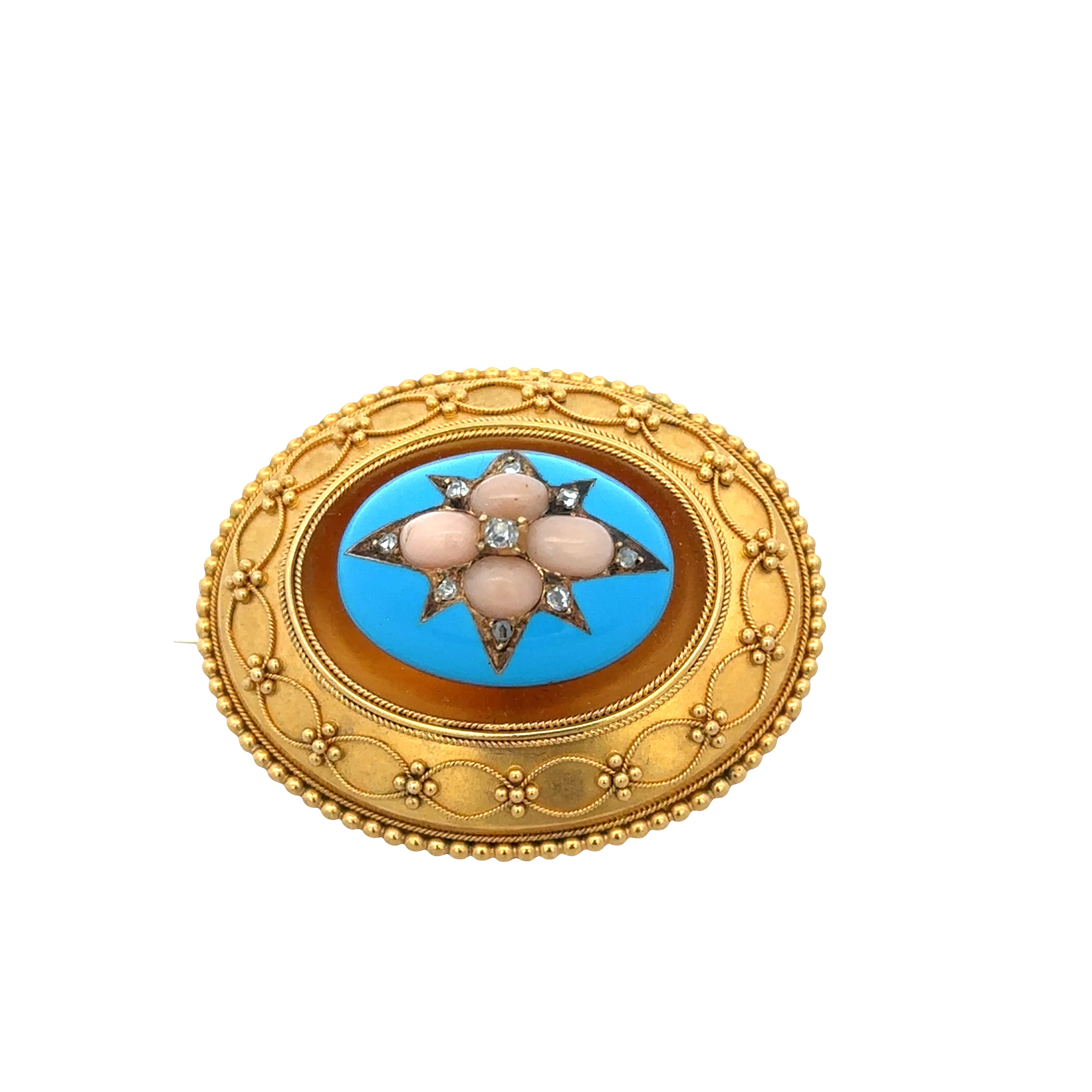 Antique Victorian 18k Yellow Gold Etruscan Revival Coral, Enamel & Diamond Memorial Brooch – Circa 1870s-1880s