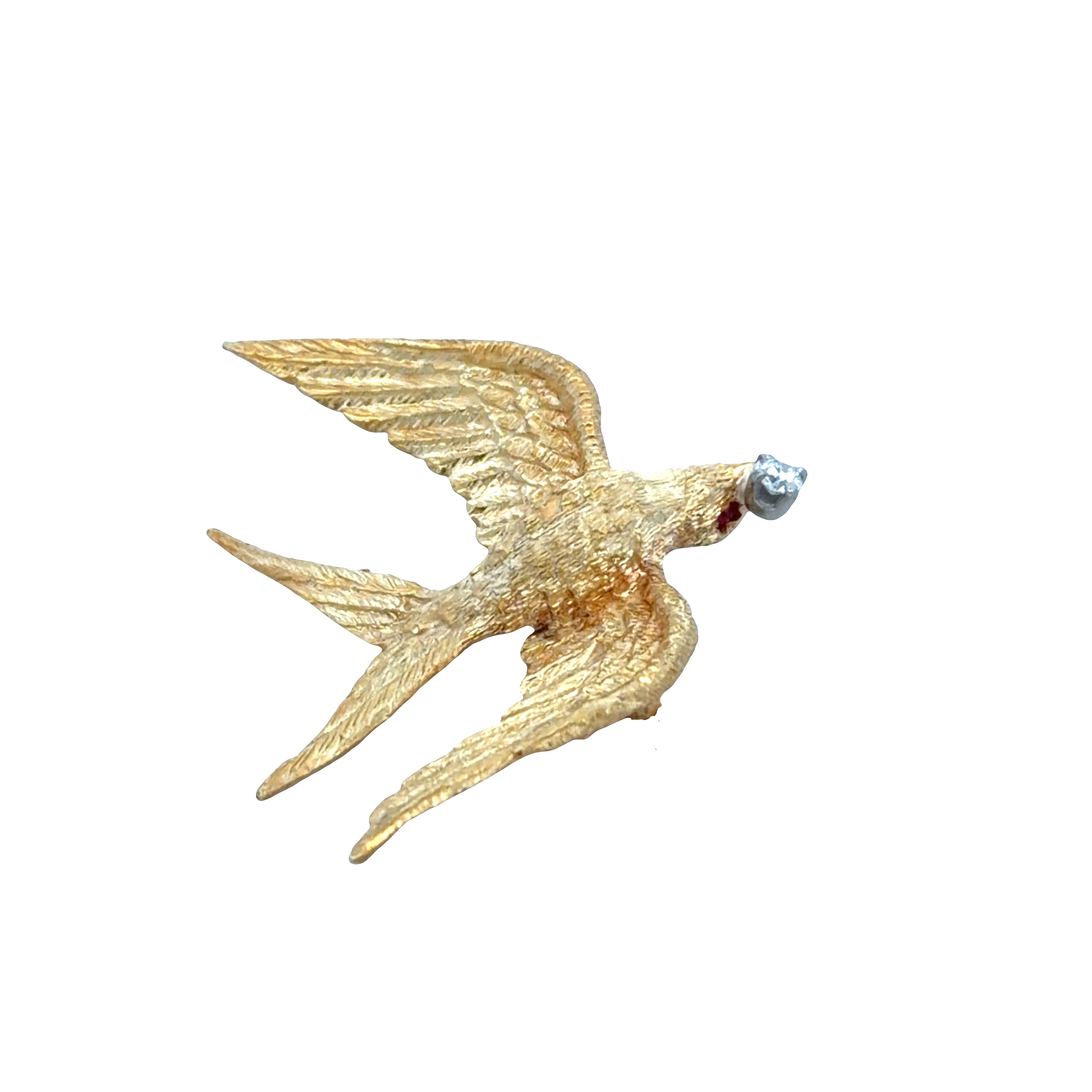 Vintage 18k Yellow Gold Ruby & Diamond Swallow Brooch