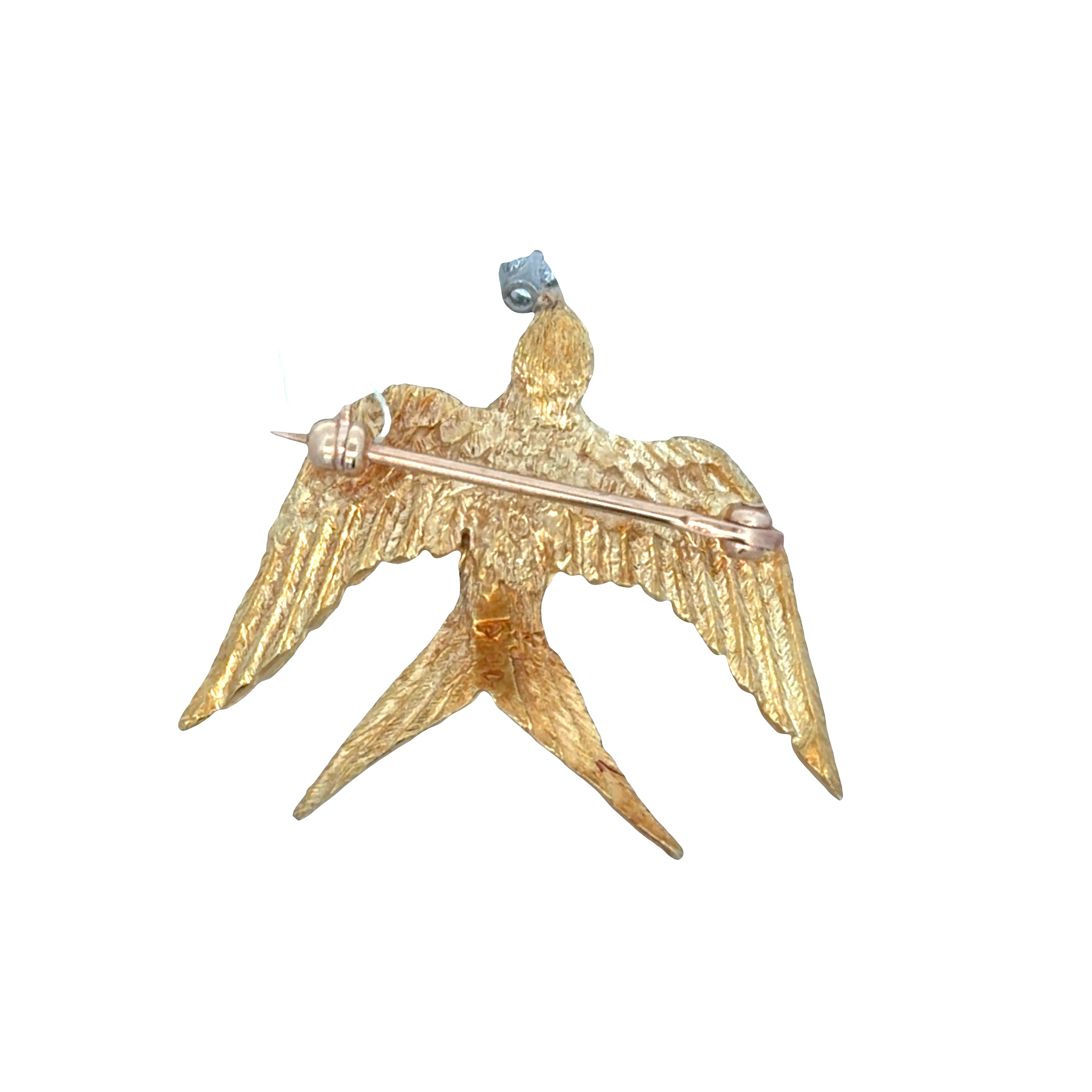 Vintage 18k Yellow Gold Ruby & Diamond Swallow Brooch