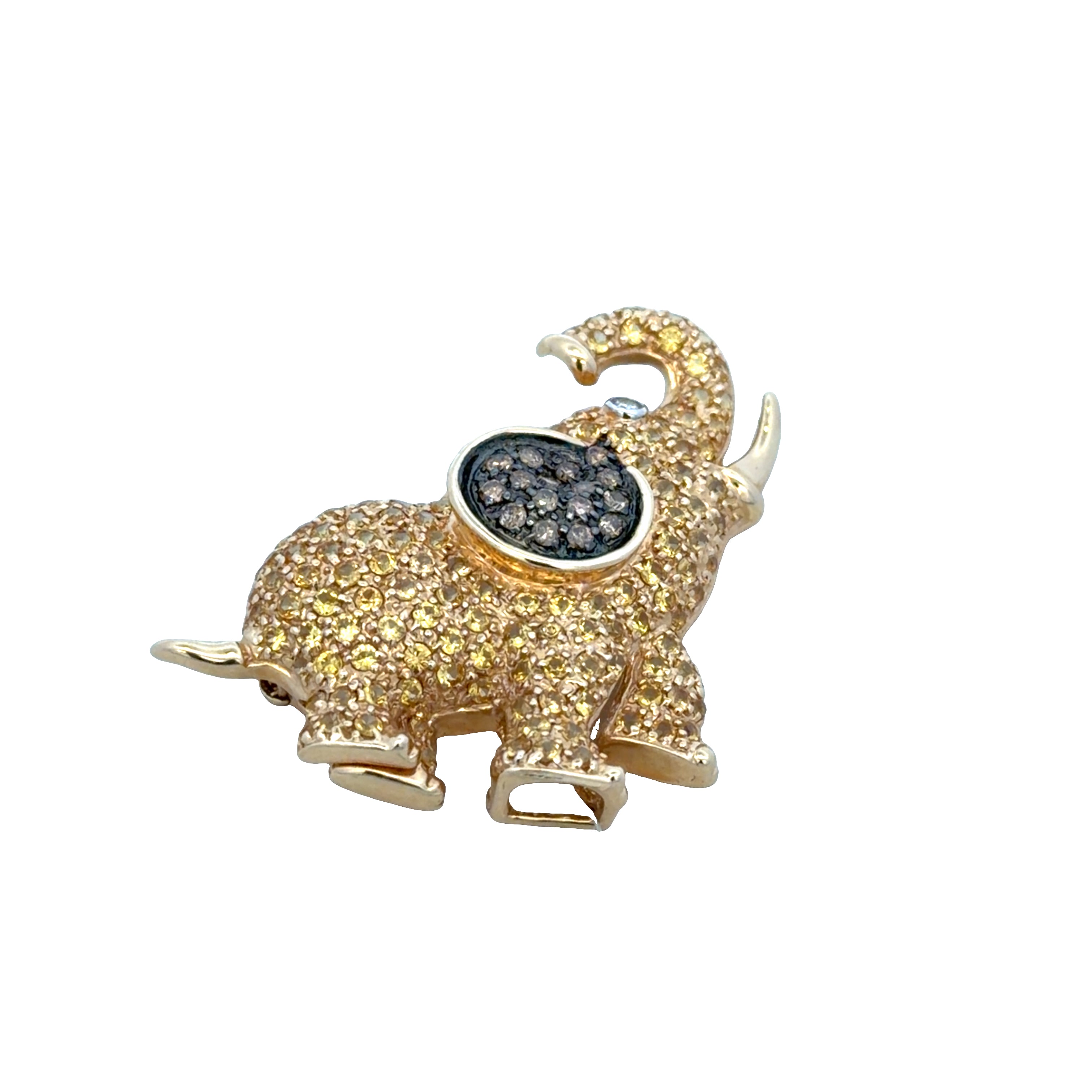 14k Yellow Gold 4.47 CT Yellow Sapphire & Cognac Diamond Elephant Brooch