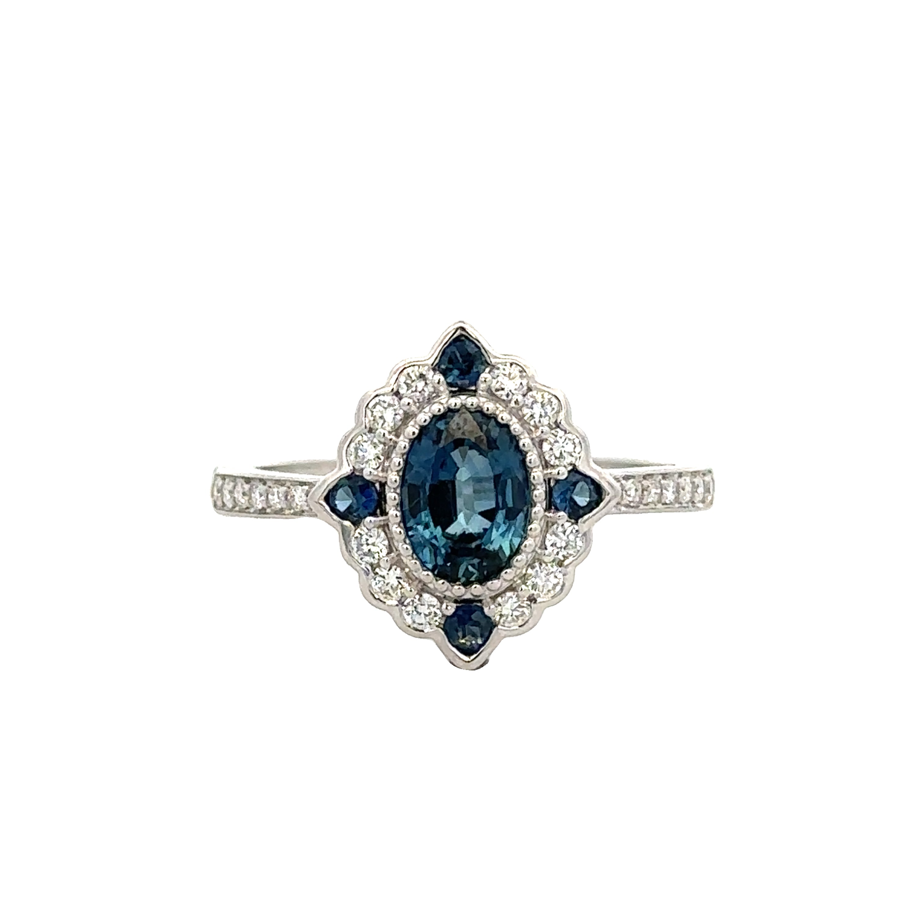 Vintage Inspired Sapphire and Diamond Ring in White Gold
