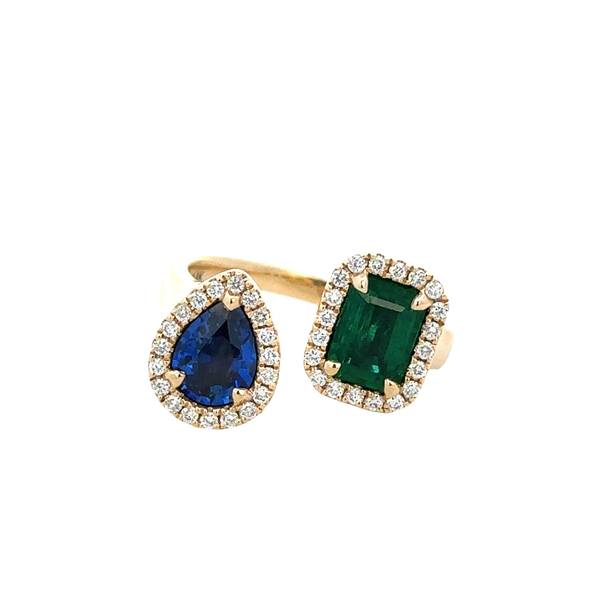 14K Yellow Gold Sapphire & Emerald Bypass Ring – 2.11 CTW Gemstones with Diamond Halos