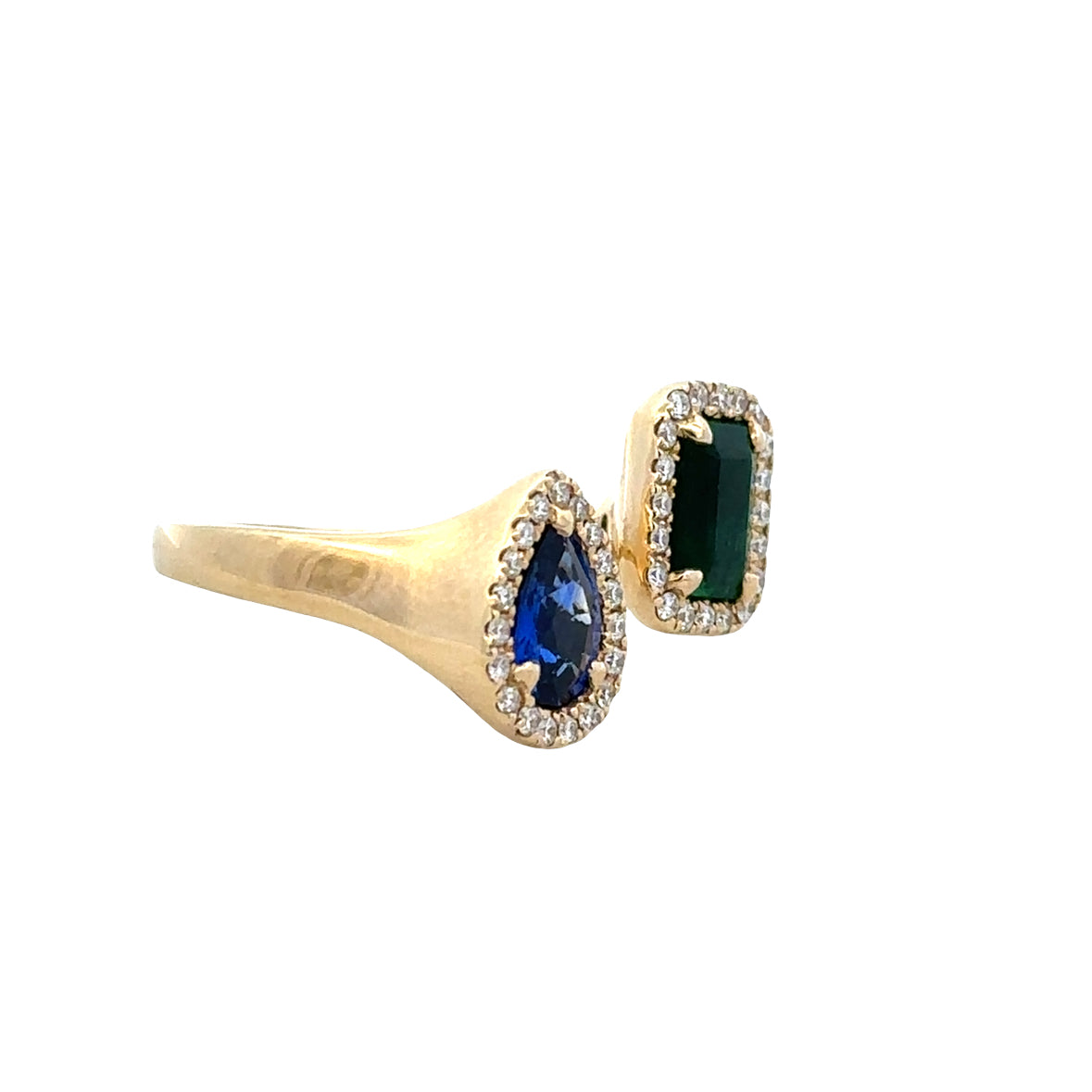 14K Yellow Gold Sapphire & Emerald Bypass Ring – 2.11 CTW Gemstones with Diamond Halos