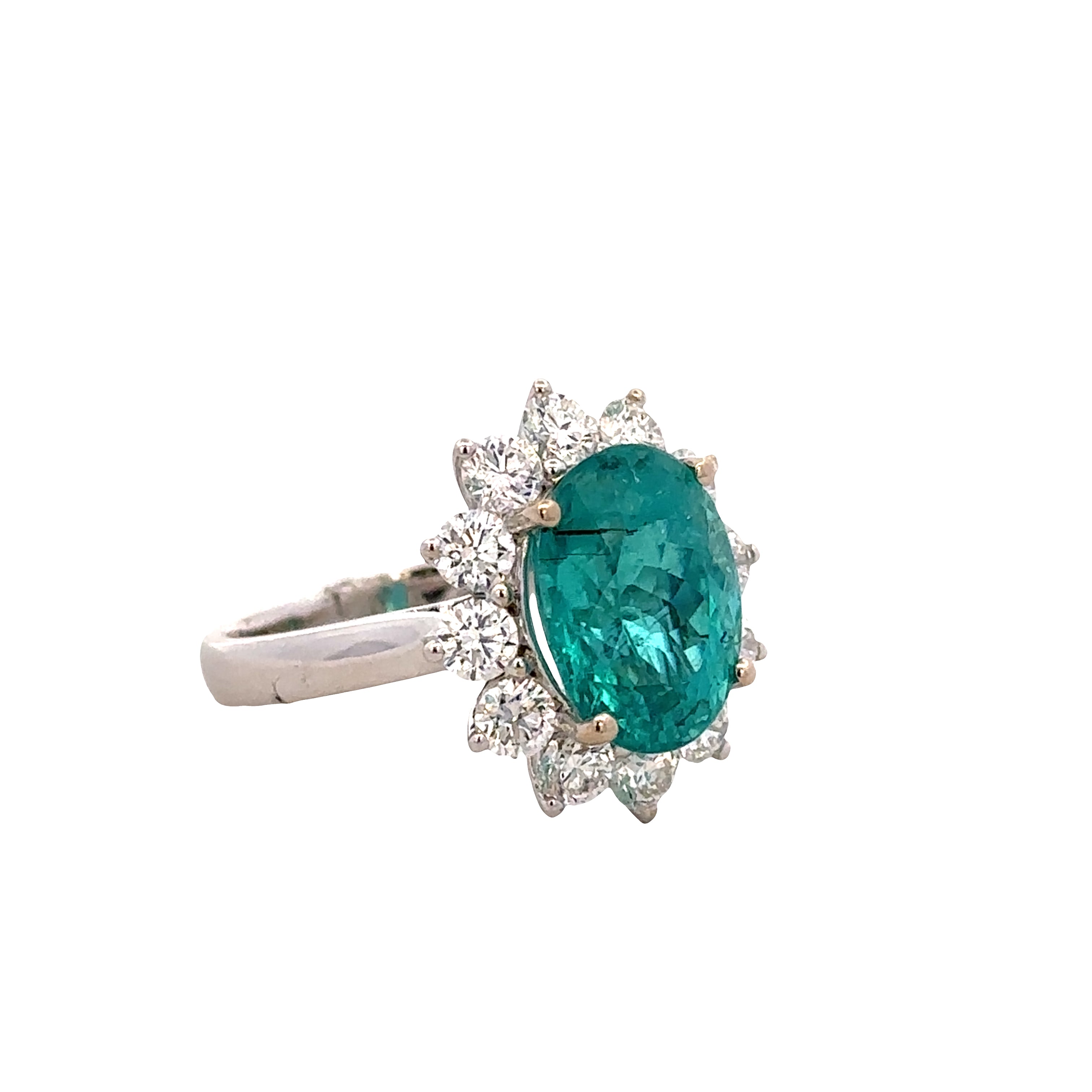 18k White Gold Ring with 5.28 CT Oval Paraiba Tourmaline and 1.54 CTW Diamond Starburst Halo – Size 6.75