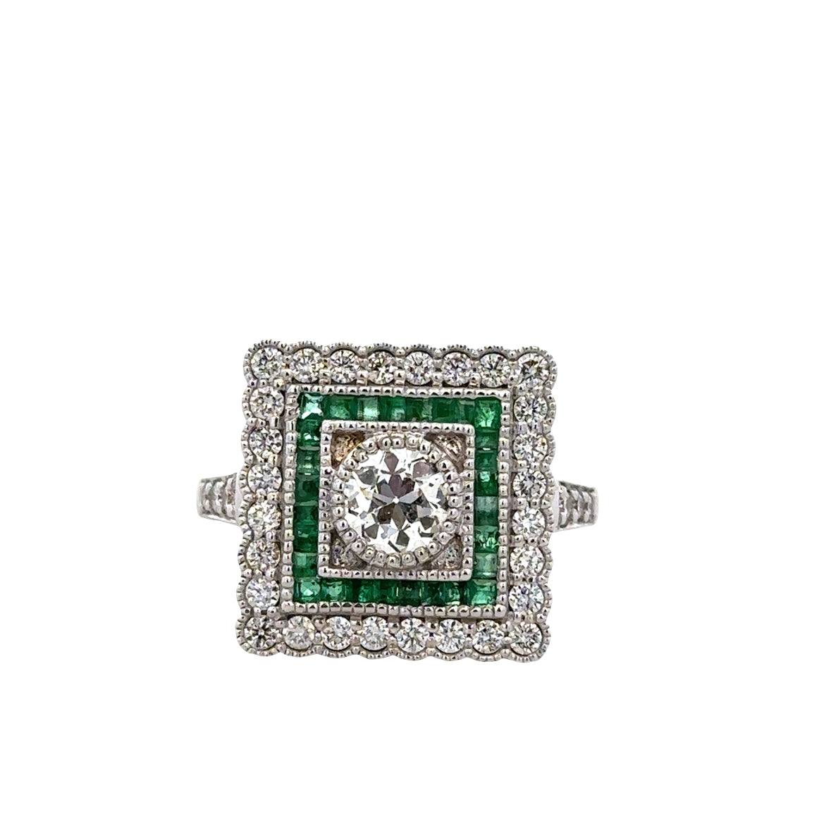 18k White Gold Diamond & Emerald Geometric Ring