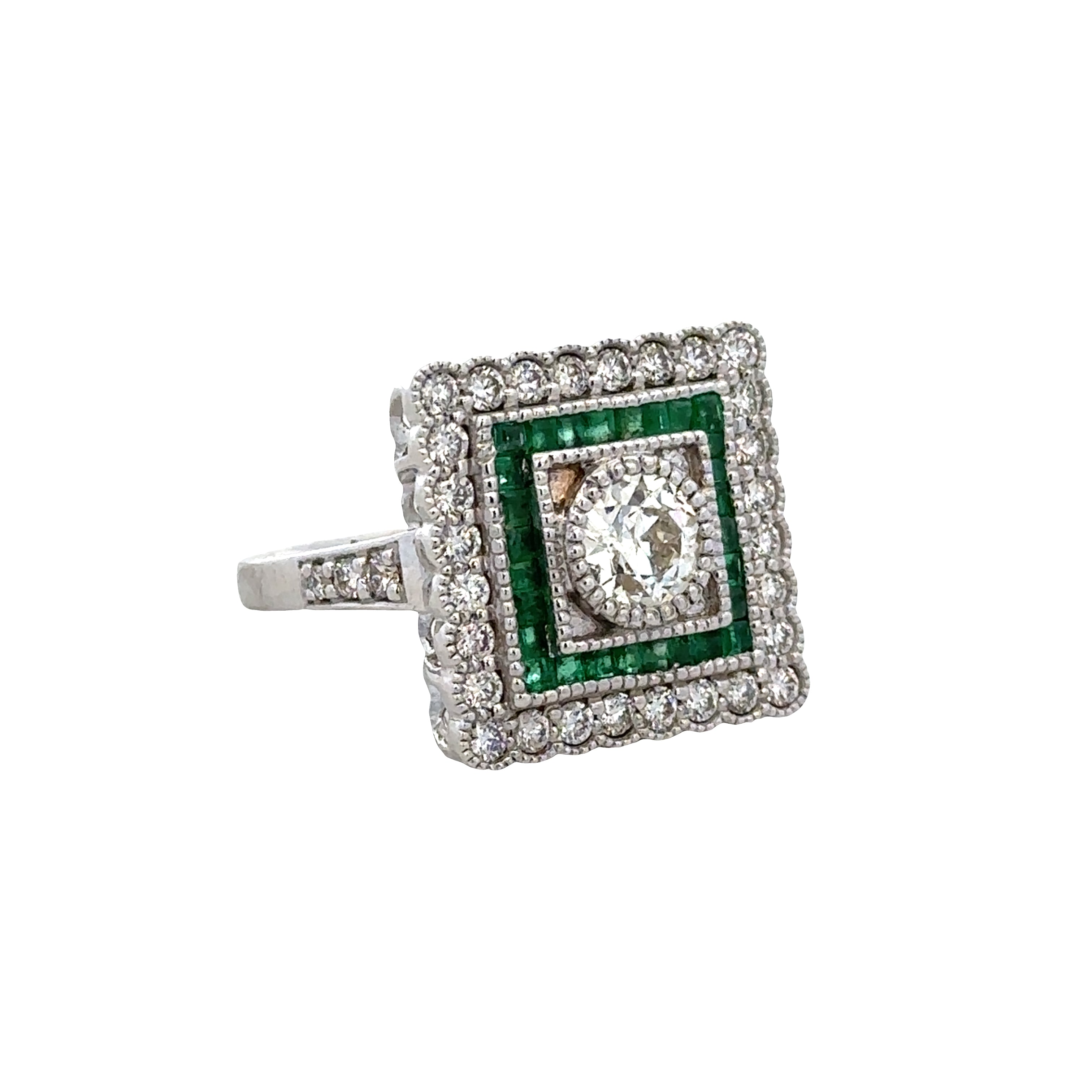 18k White Gold Diamond & Emerald Geometric Ring
