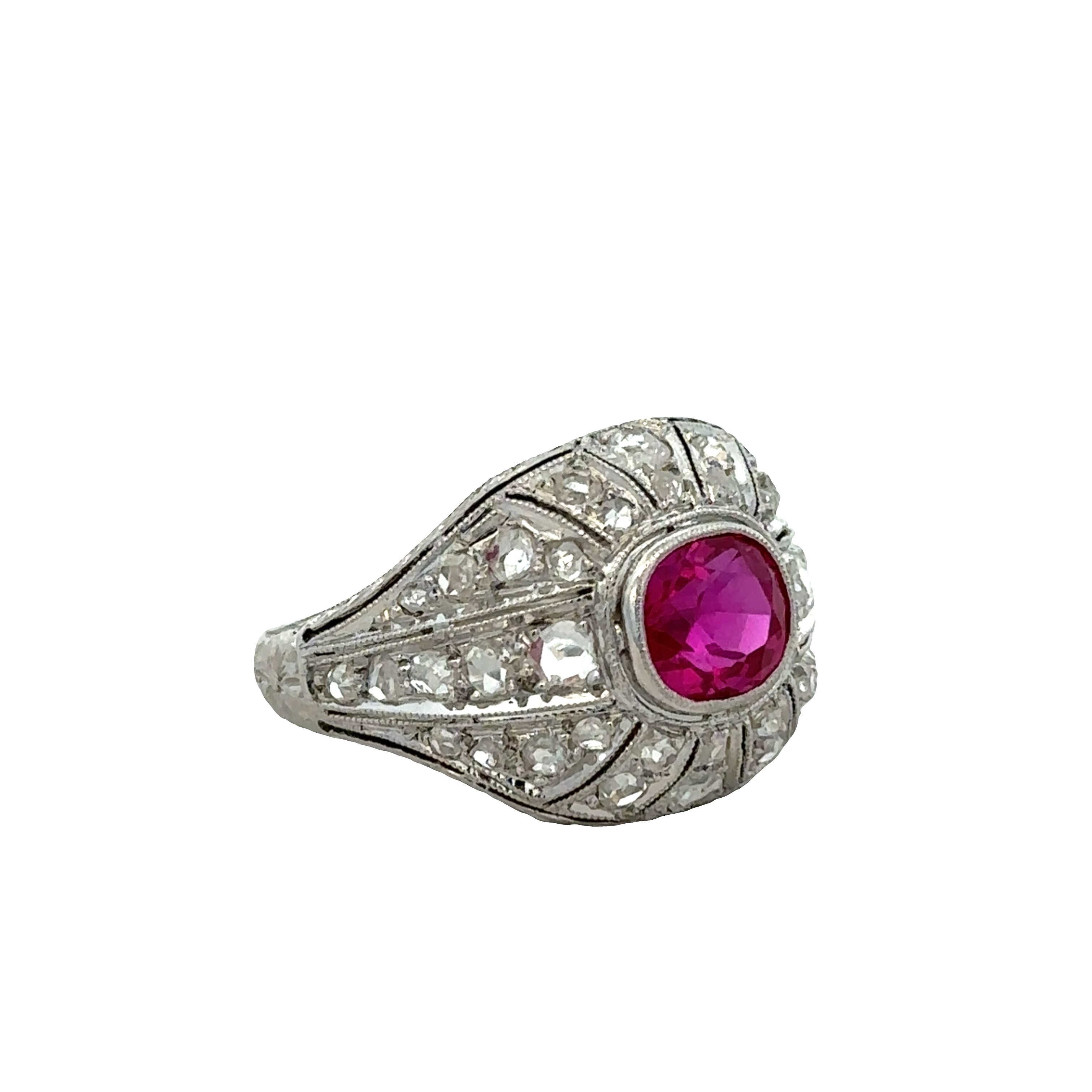 Art Deco Platinum Ruby & Rose Cut Diamond Filigree Ring – Size 5.25