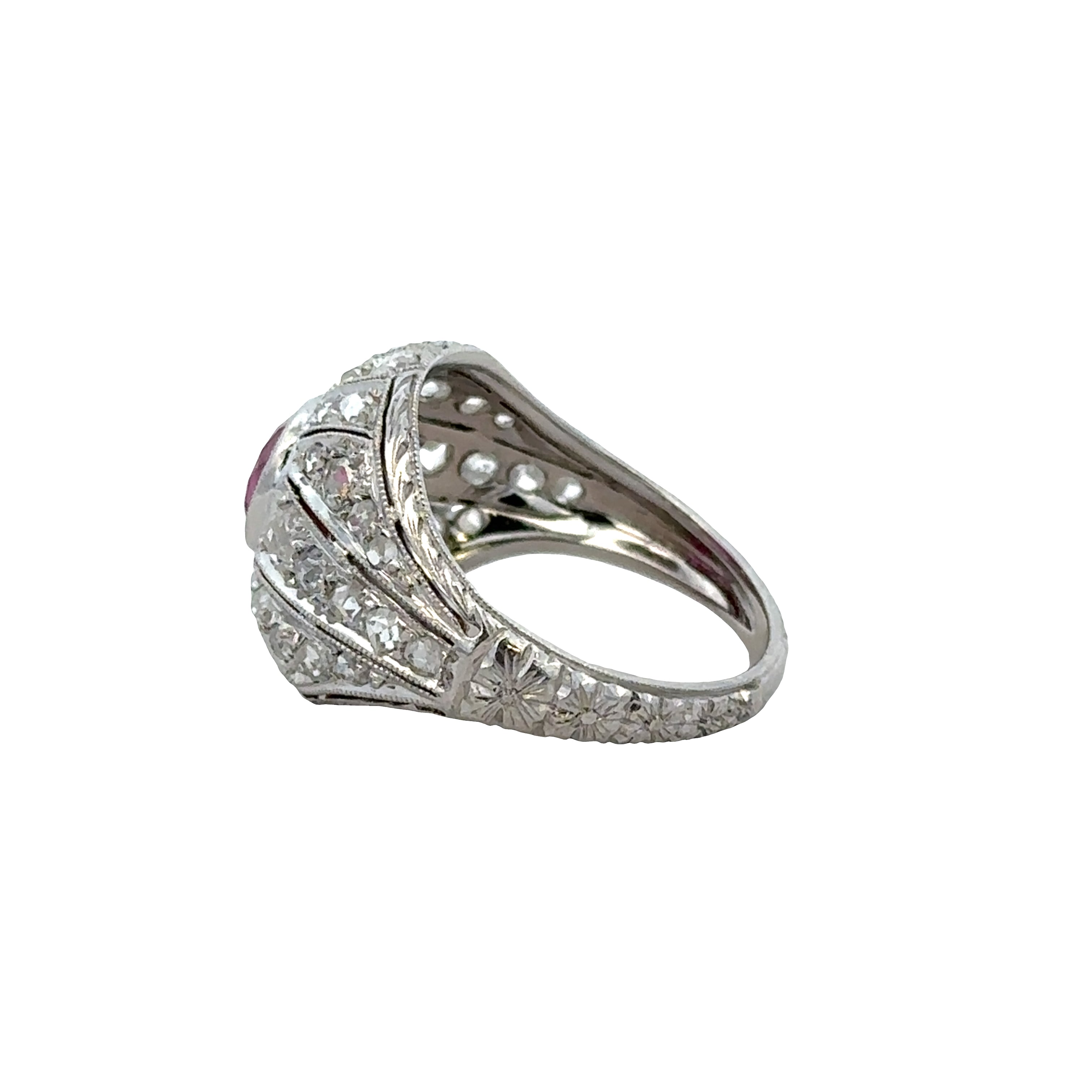 Art Deco Platinum Ruby & Rose Cut Diamond Filigree Ring – Size 5.25