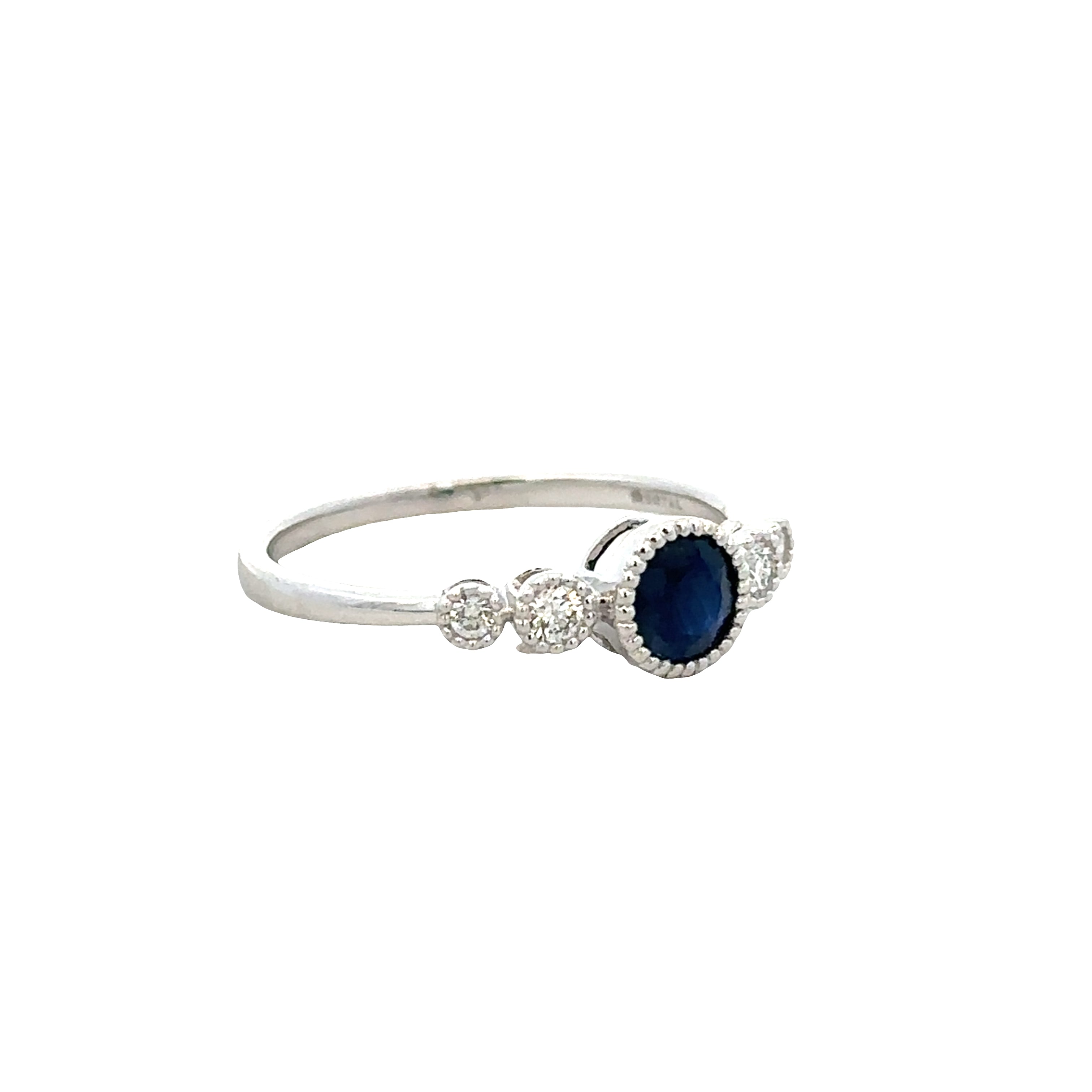 14k White Gold Bezel Set Blue Sapphire and Diamond Ring – 0.65 ct. Sapphire, 0.12 ct. Diamonds