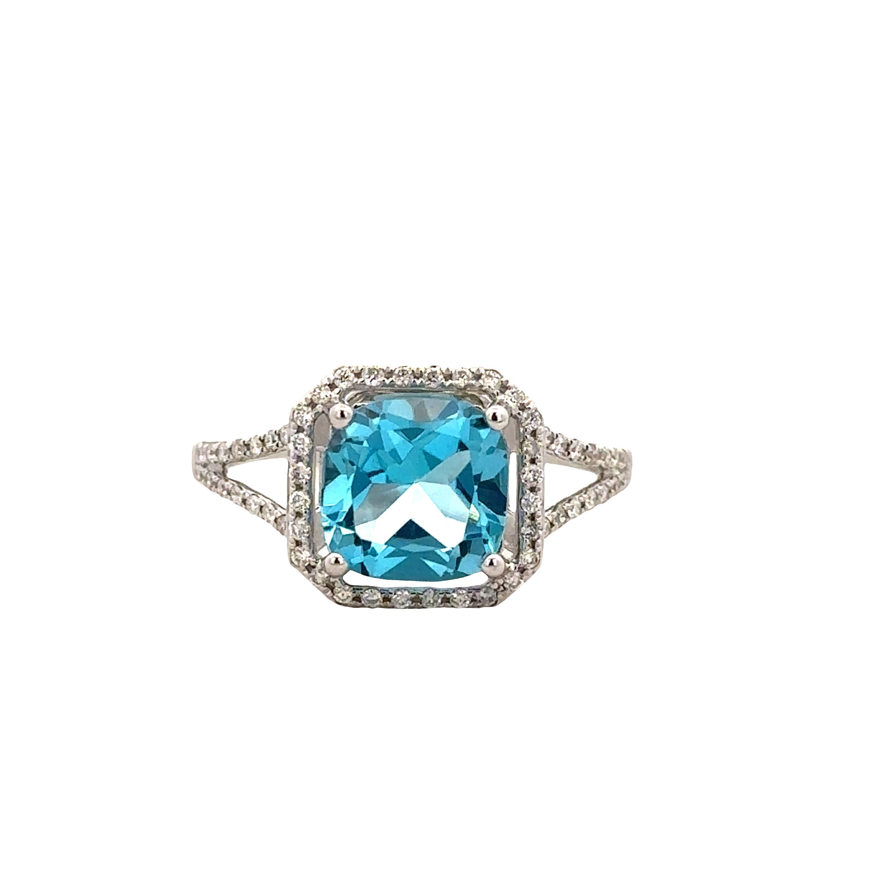 14k White Gold Blue Topaz and Diamond Halo Ring – 2.35 ct. Center Stone