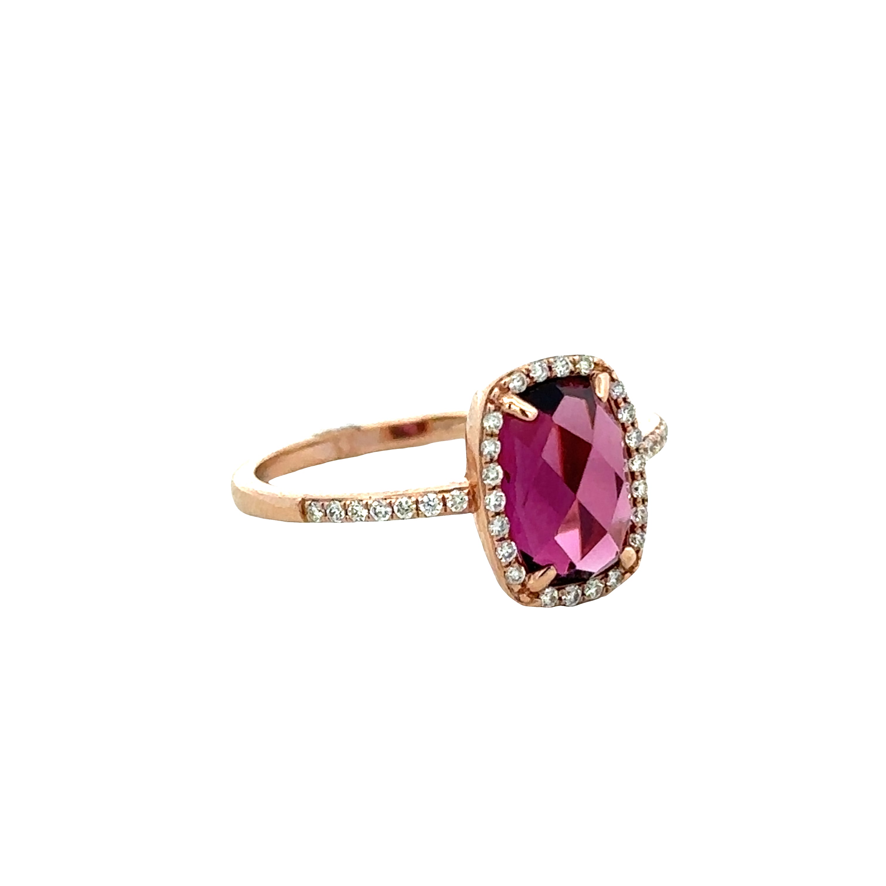 14k Yellow Gold Rhodolite Garnet and Diamond Halo Ring – 2.0 ct. Center Stone