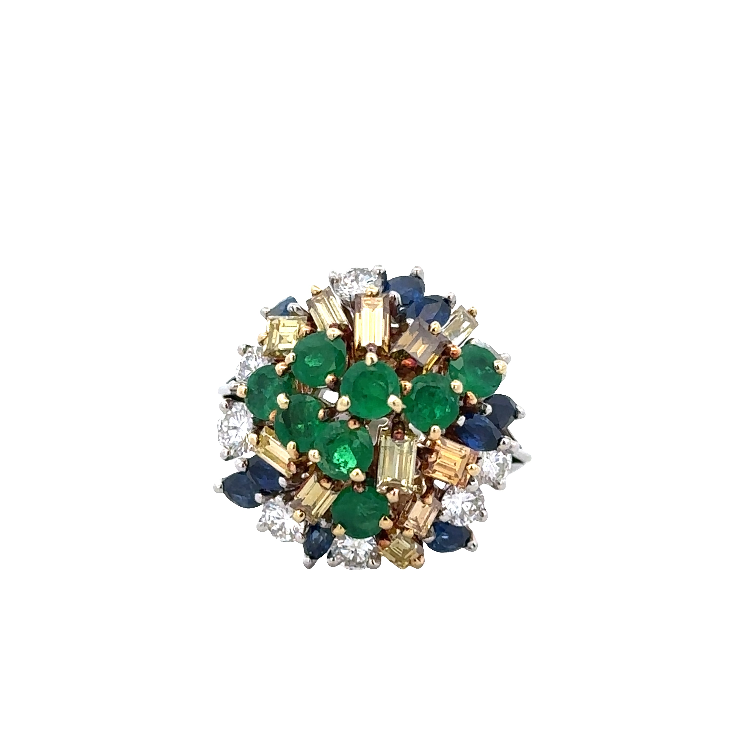 Unique Vintage Platinum & 18k Yellow Gold Domed Cluster Ring with Emeralds, Sapphires & Fancy Yellow Diamonds