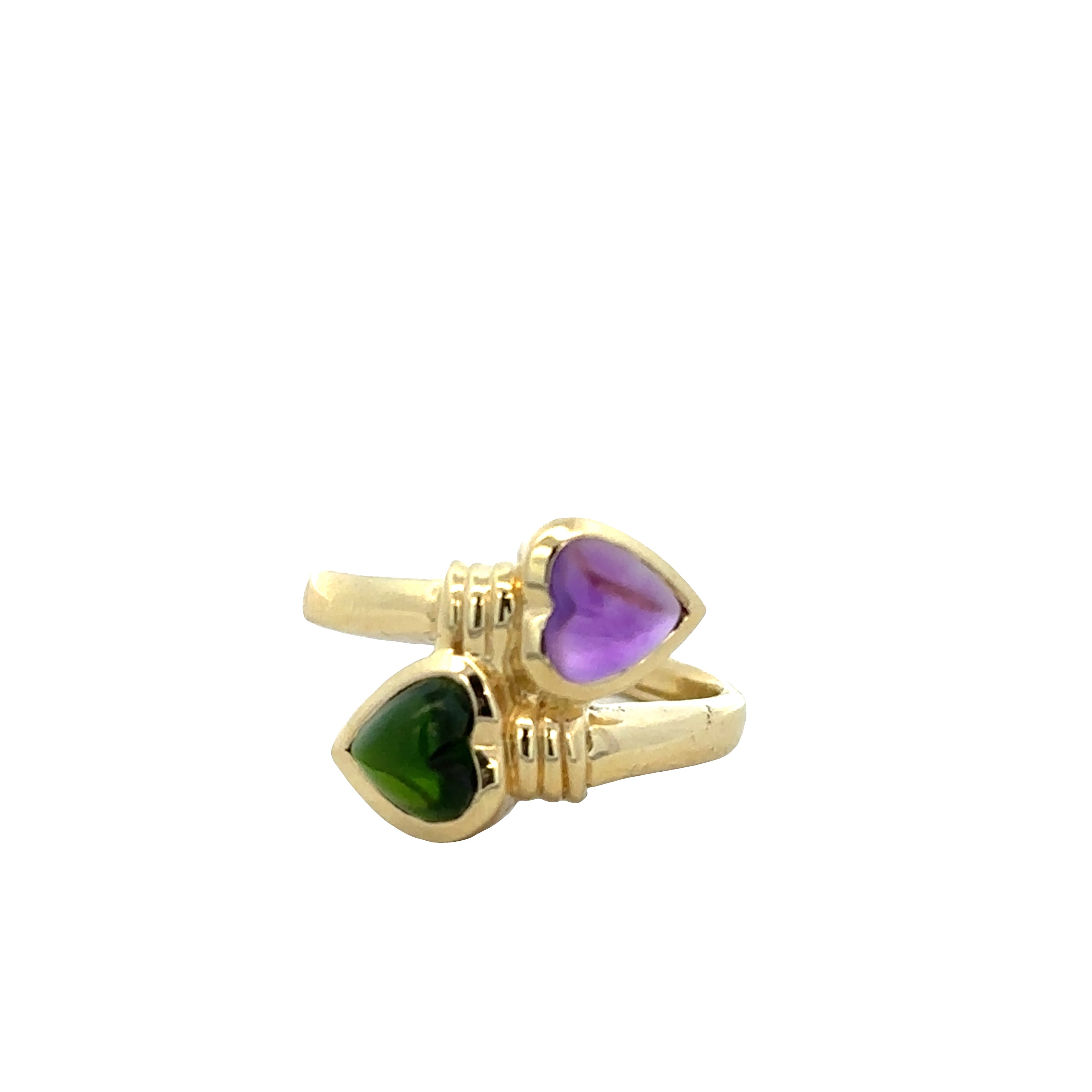 18k Yellow Gold Bypass Ring with Amethyst and Green Tourmaline Heart Cabochons