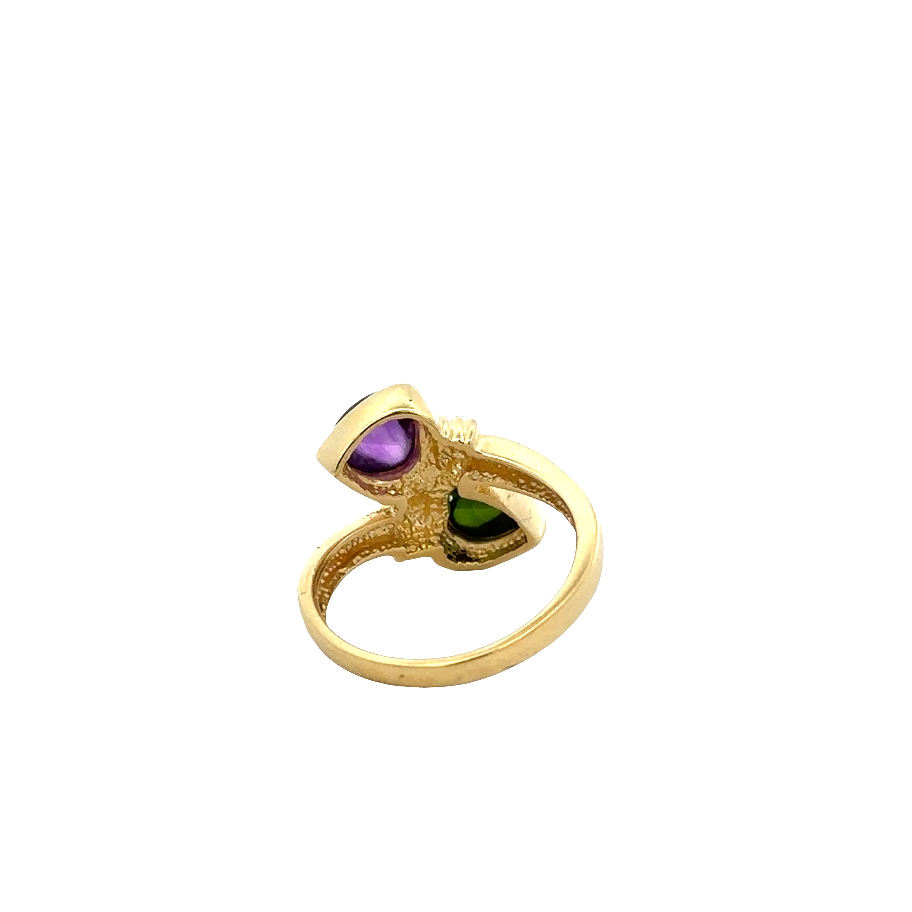 18k Yellow Gold Bypass Ring with Amethyst and Green Tourmaline Heart Cabochons