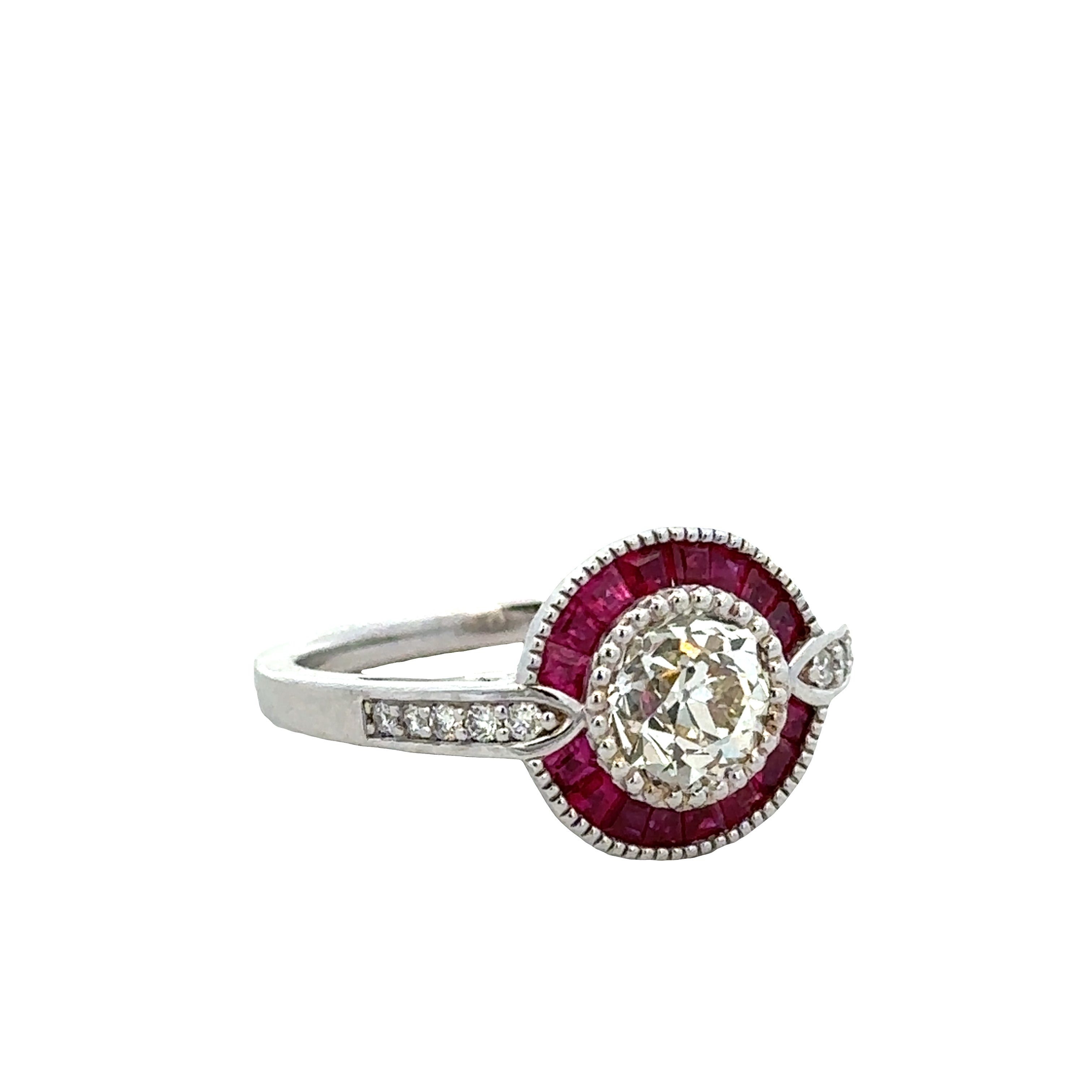 18k White Gold Old European Cut Diamond & Ruby Halo Ring – Size 6.5