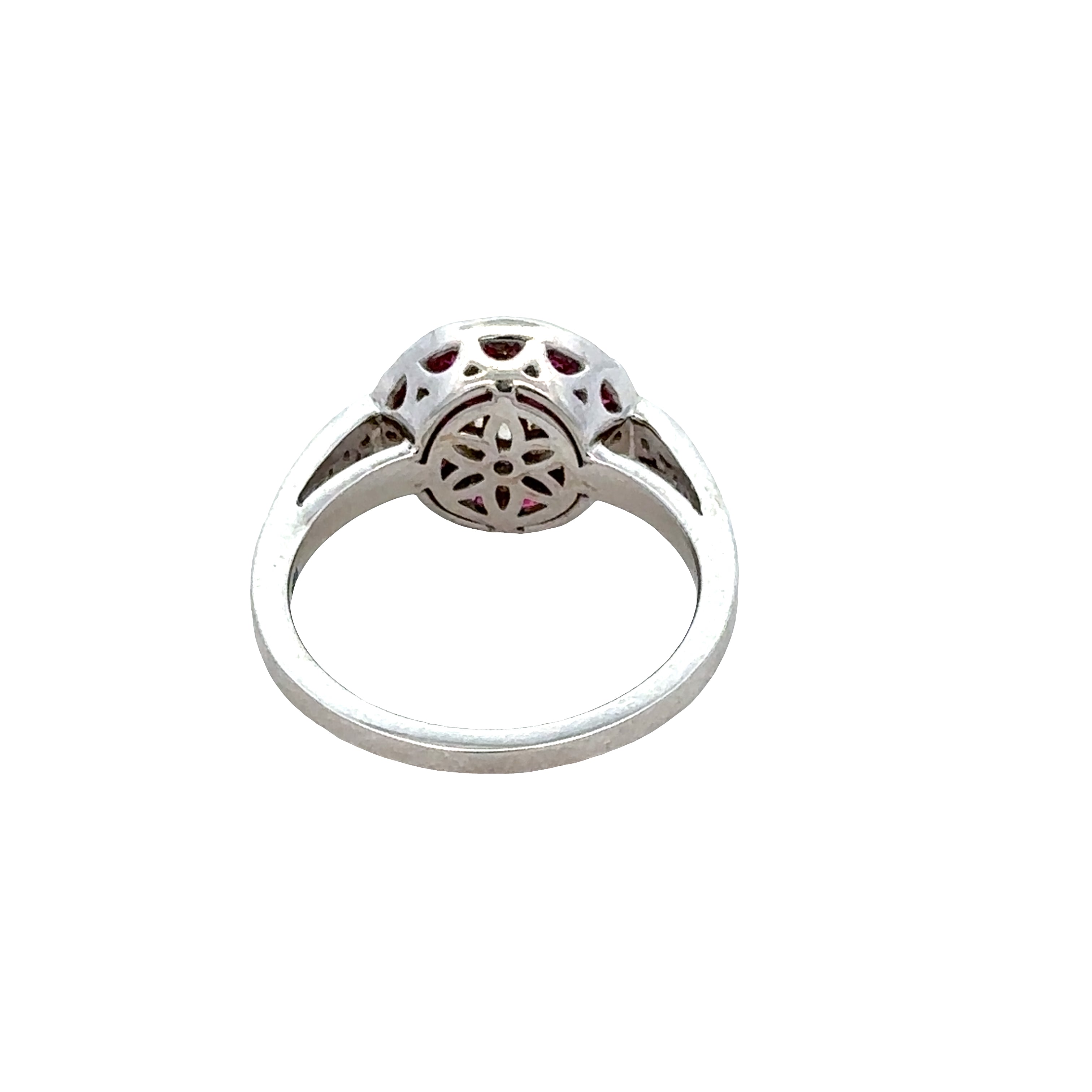 18k White Gold Old European Cut Diamond & Ruby Halo Ring – Size 6.5