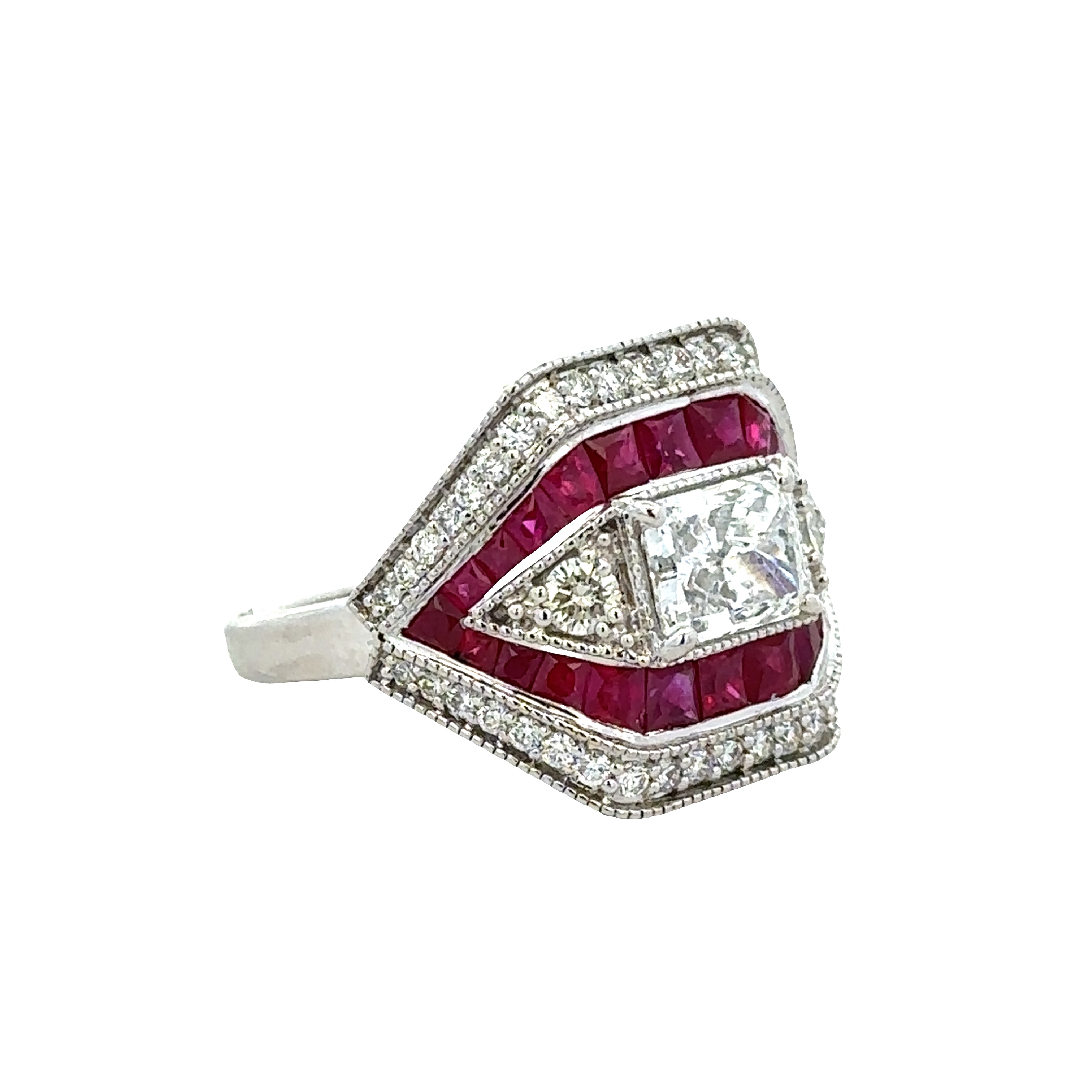 14k White Gold Art Deco–Inspired Diamond & Ruby Statement Ring – Size 7.25