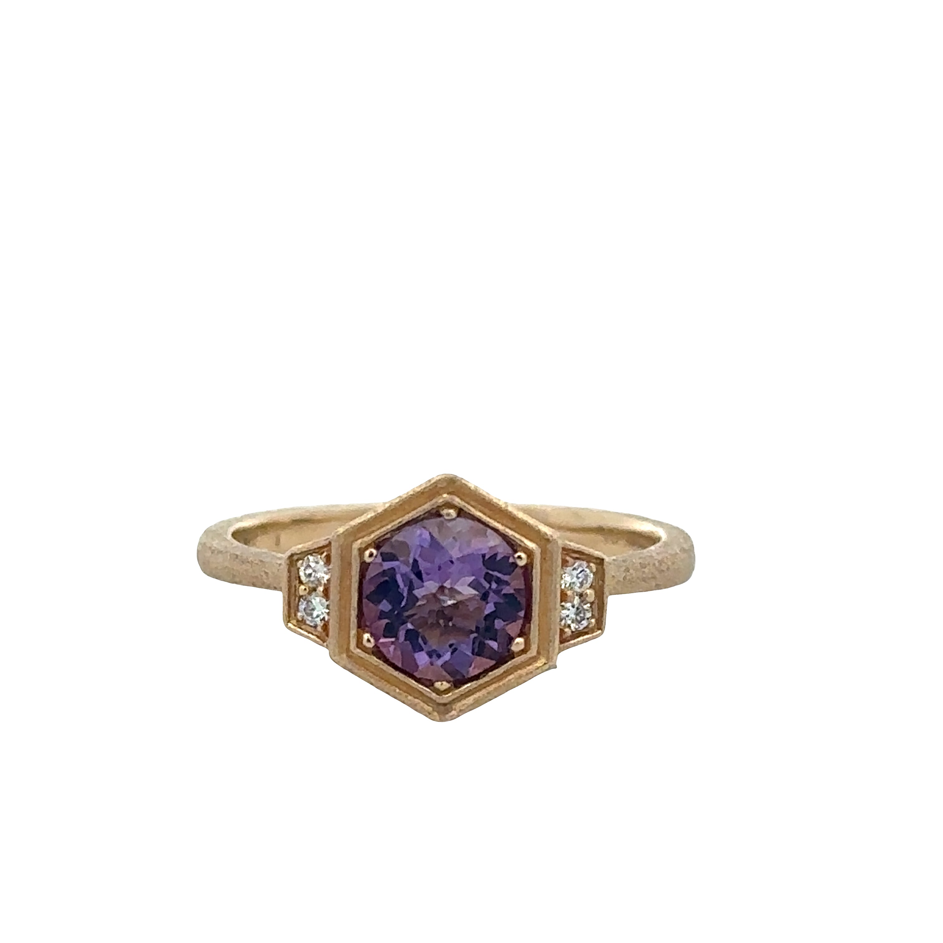14k Yellow Gold Amethyst & Diamond Hexagonal Ring – Size 6.75