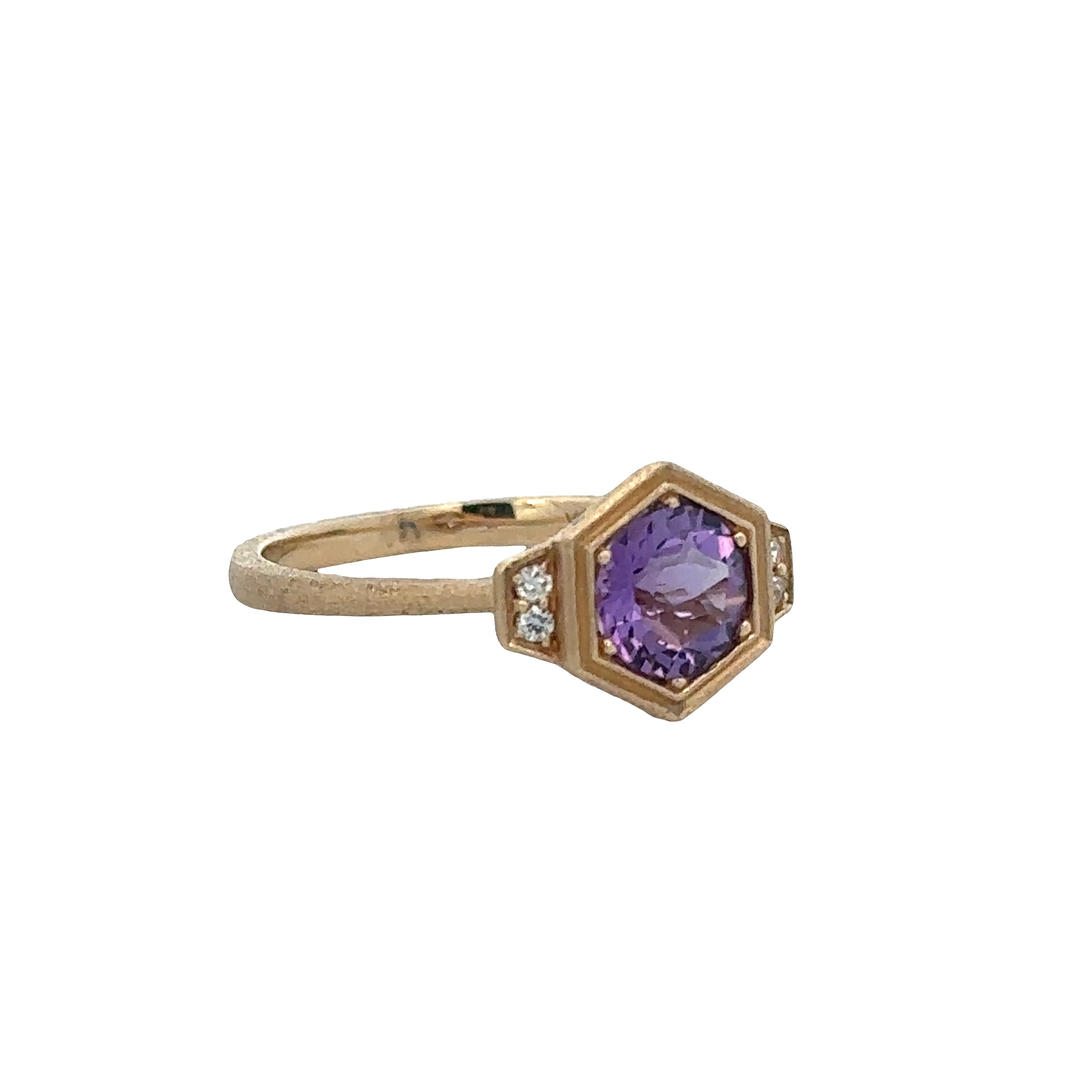 14k Yellow Gold Amethyst & Diamond Hexagonal Ring – Size 6.75