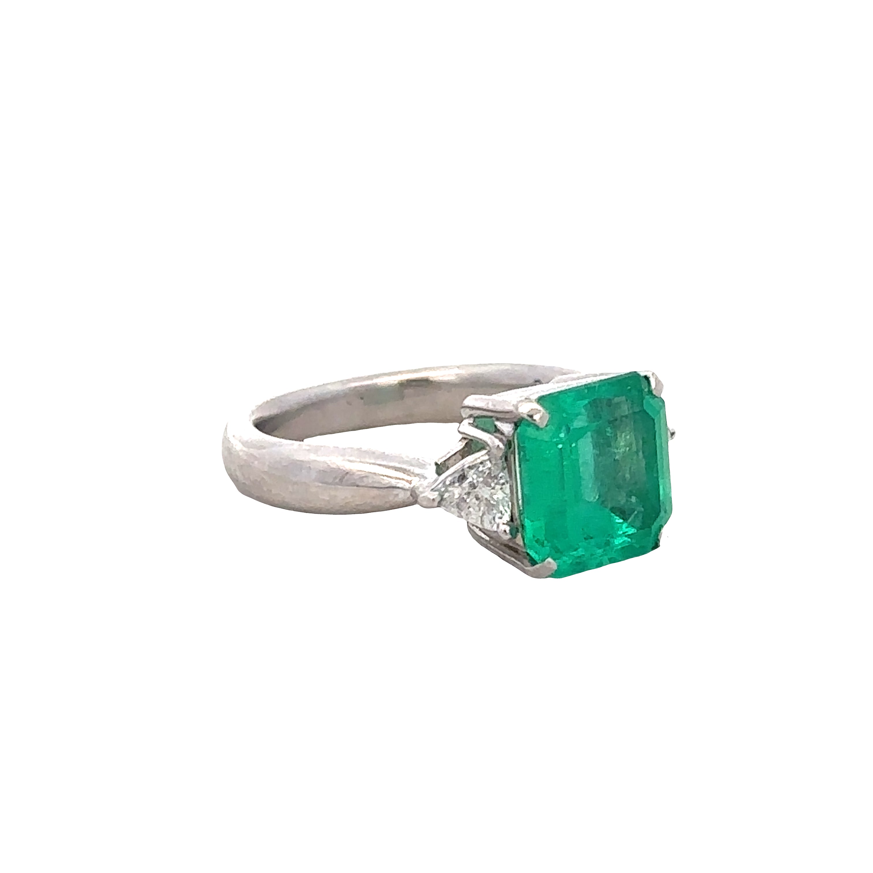 Platinum Emerald & Diamond Three-Stone Ring – Size 4.75