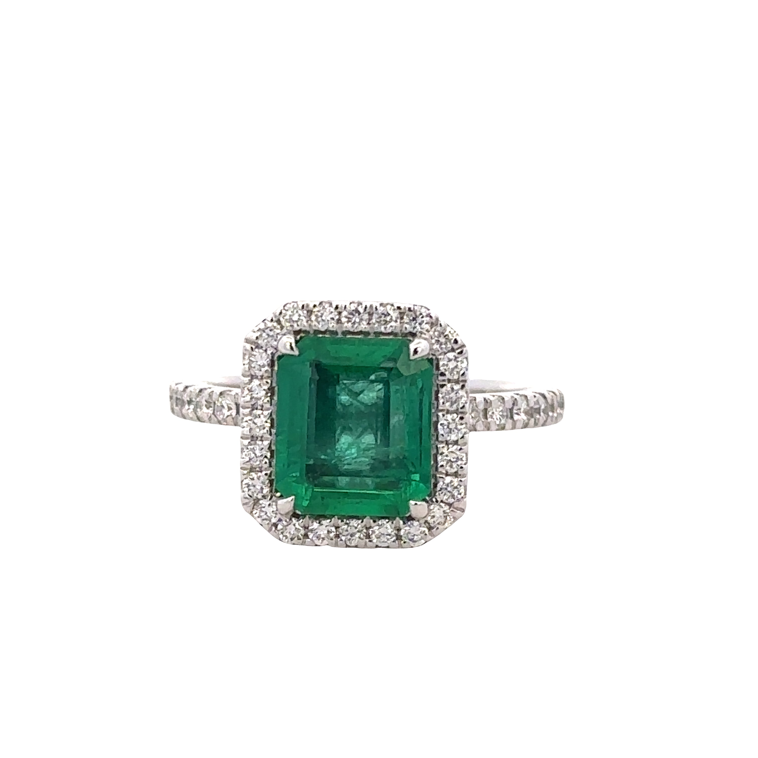 14k White Gold Emerald & Diamond Halo Ring – Size 7.5