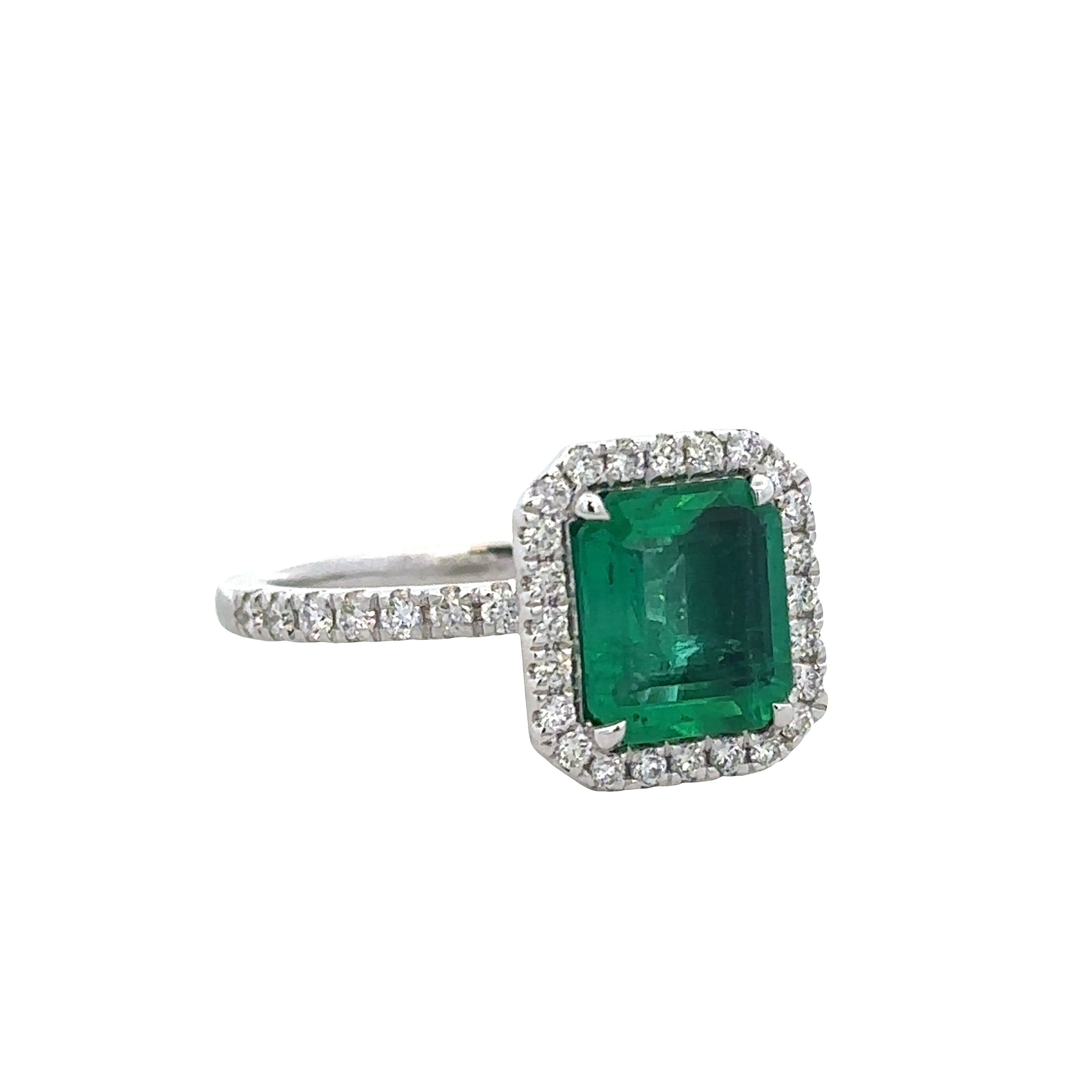 14k White Gold Emerald & Diamond Halo Ring – Size 7.5