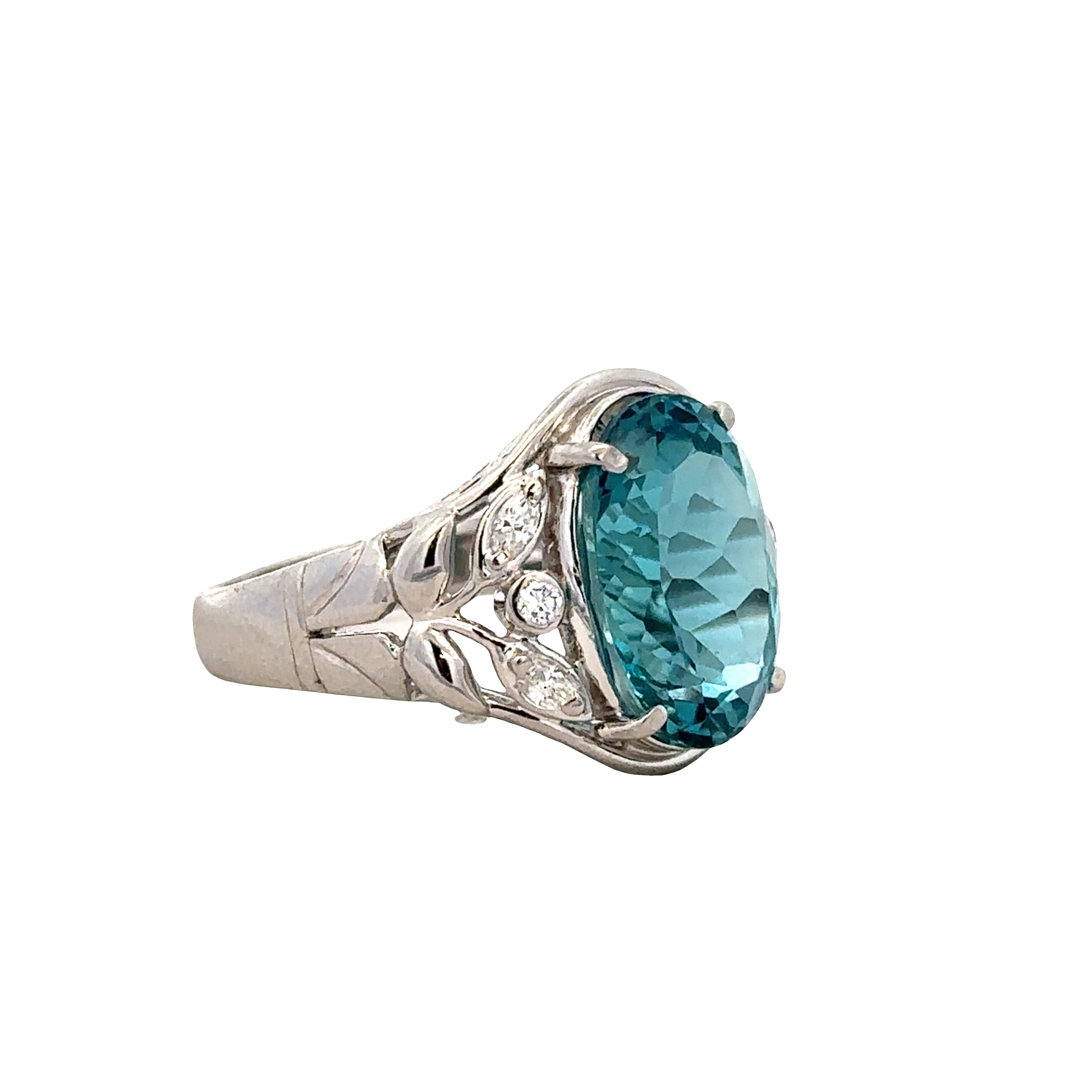 Platinum Blue Zircon and Diamond Foliate Ring – Size 9.5