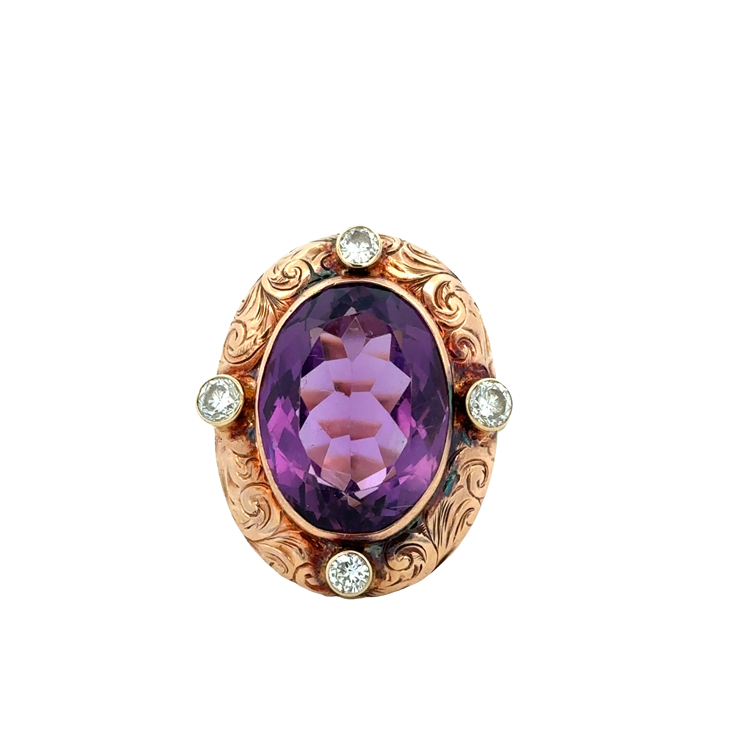 Retro 14k Yellow and Rose Gold Amethyst and Diamond Ring – Size 7.5