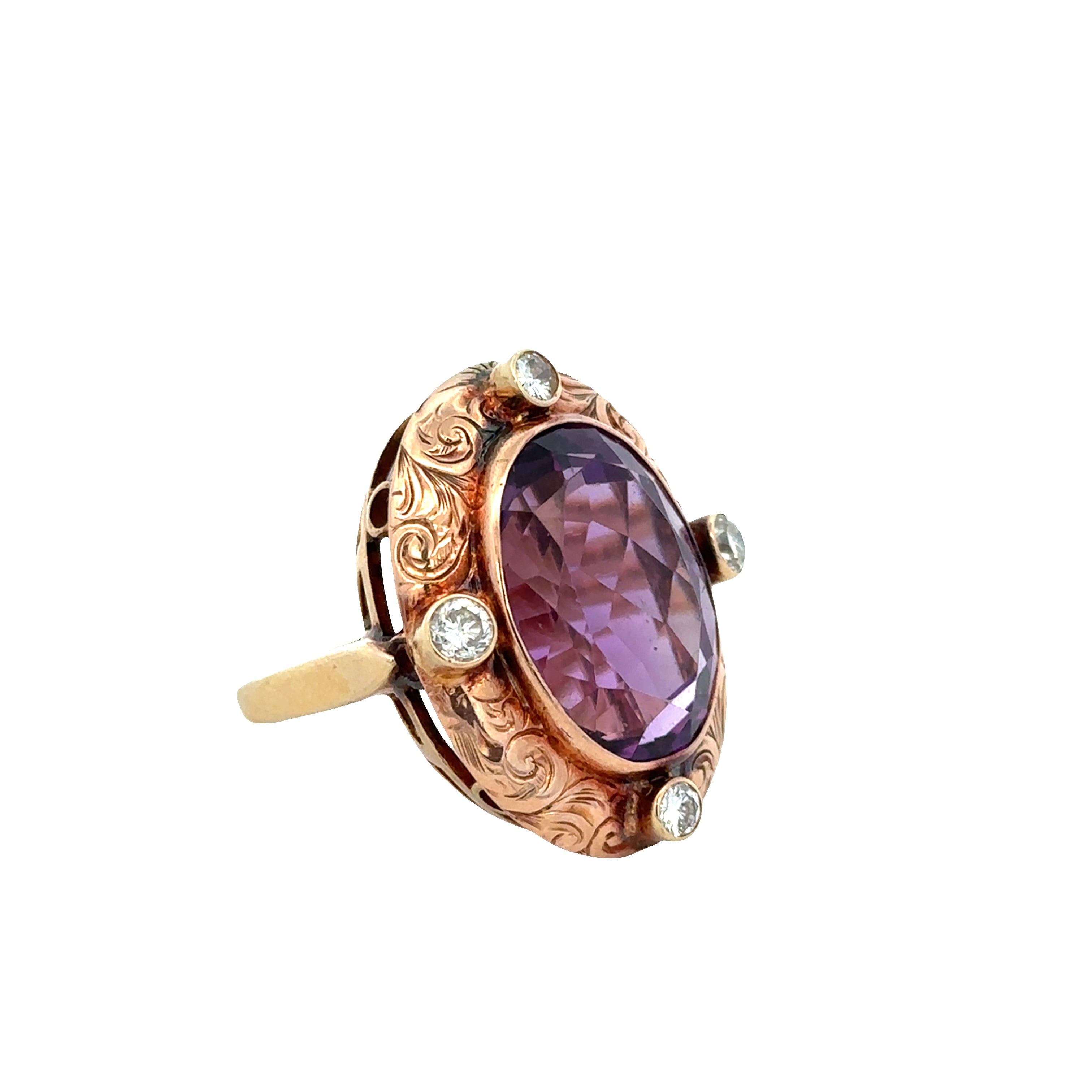 Retro 14k Yellow and Rose Gold Amethyst and Diamond Ring – Size 7.5