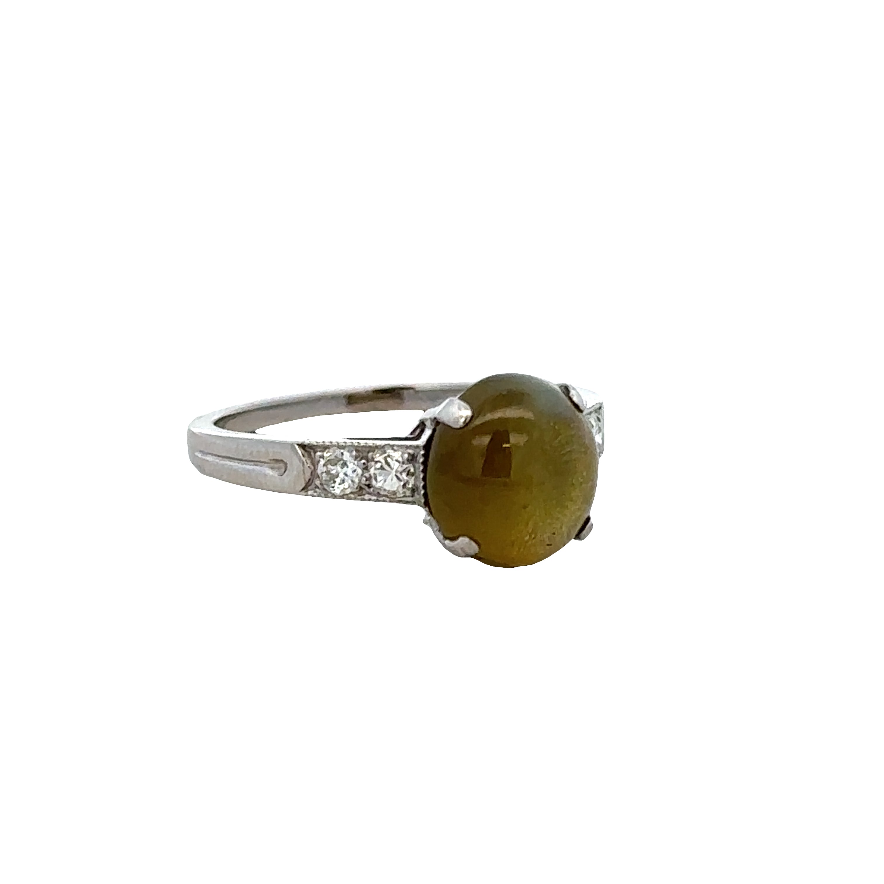 Vintage Platinum Cat’s Eye Quartz & Diamond Ring – Size 6.25