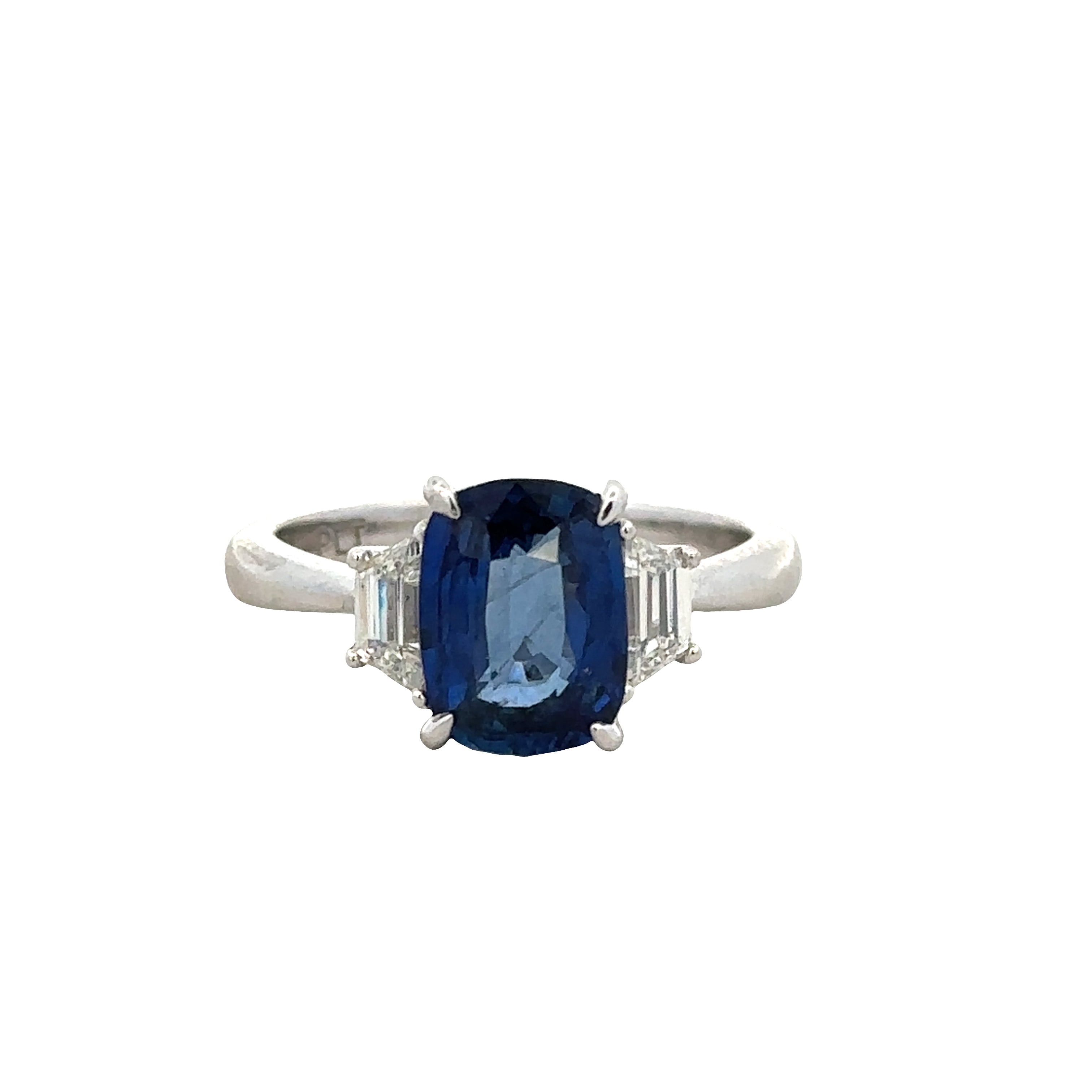 Platinum Cushion Cut Sapphire & Trapezoid Diamond Ring – Size 6.25