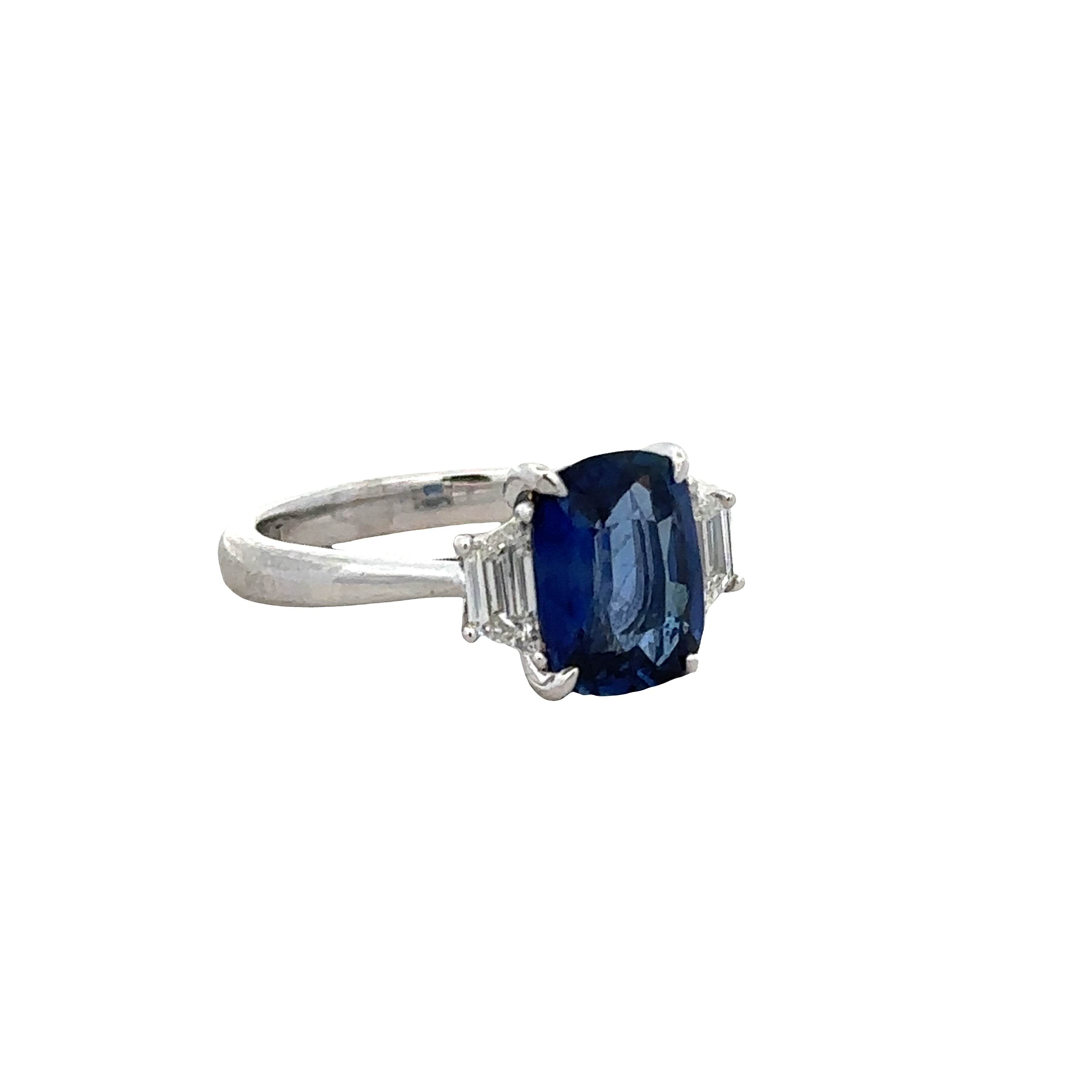 Platinum Cushion Cut Sapphire & Trapezoid Diamond Ring – Size 6.25