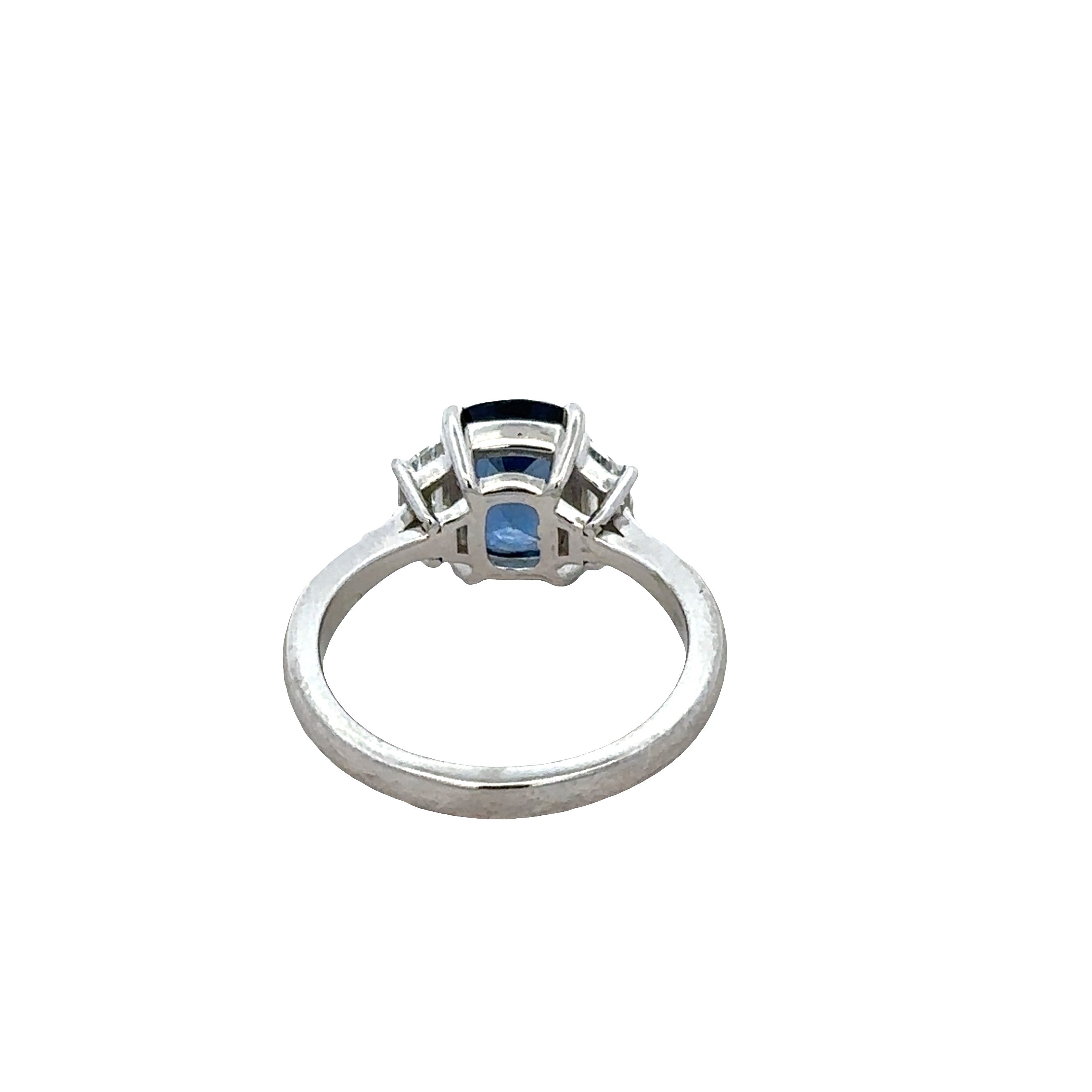 Platinum Cushion Cut Sapphire & Trapezoid Diamond Ring – Size 6.25
