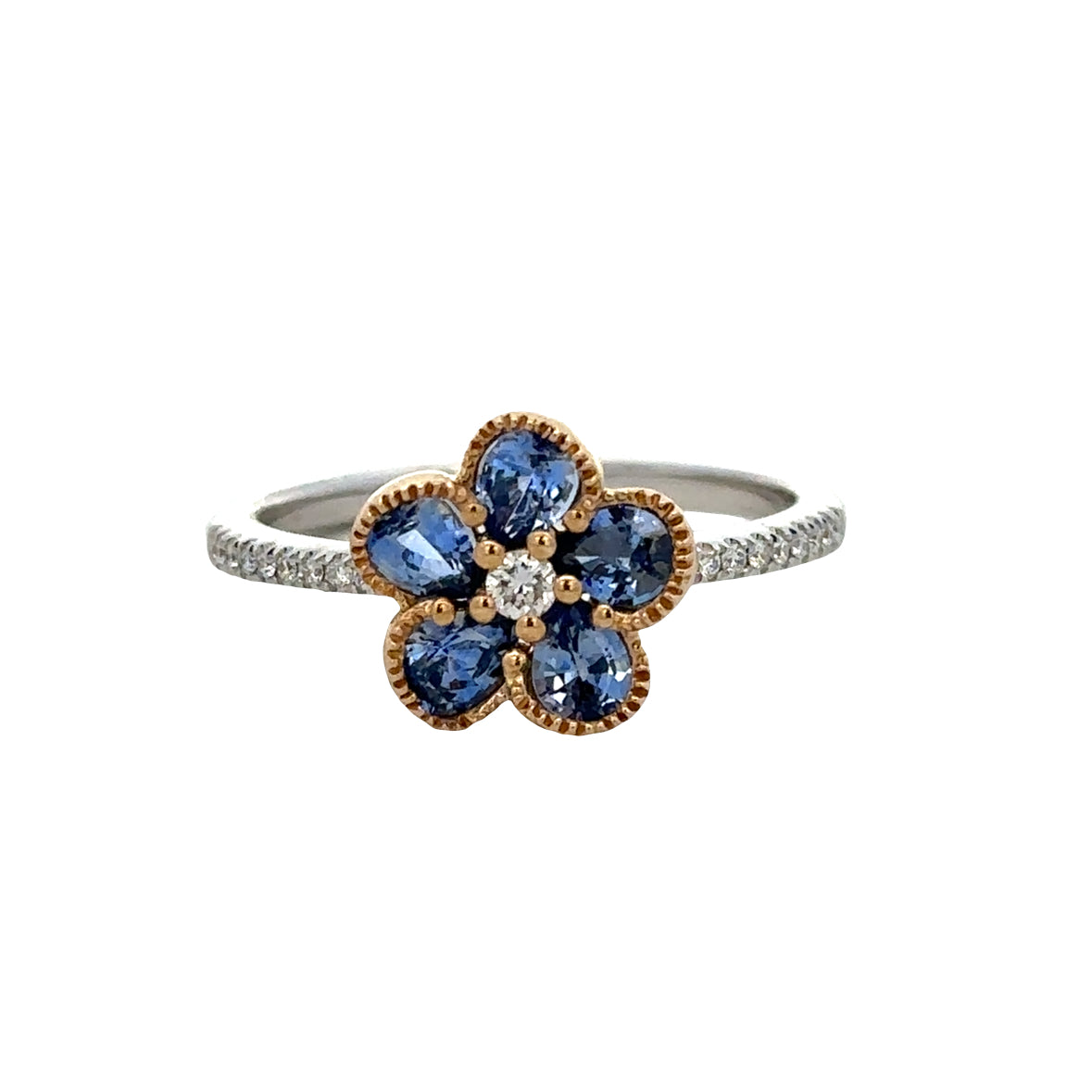 14k White & Yellow Gold Blue Sapphire Flower Ring – Size 7.25