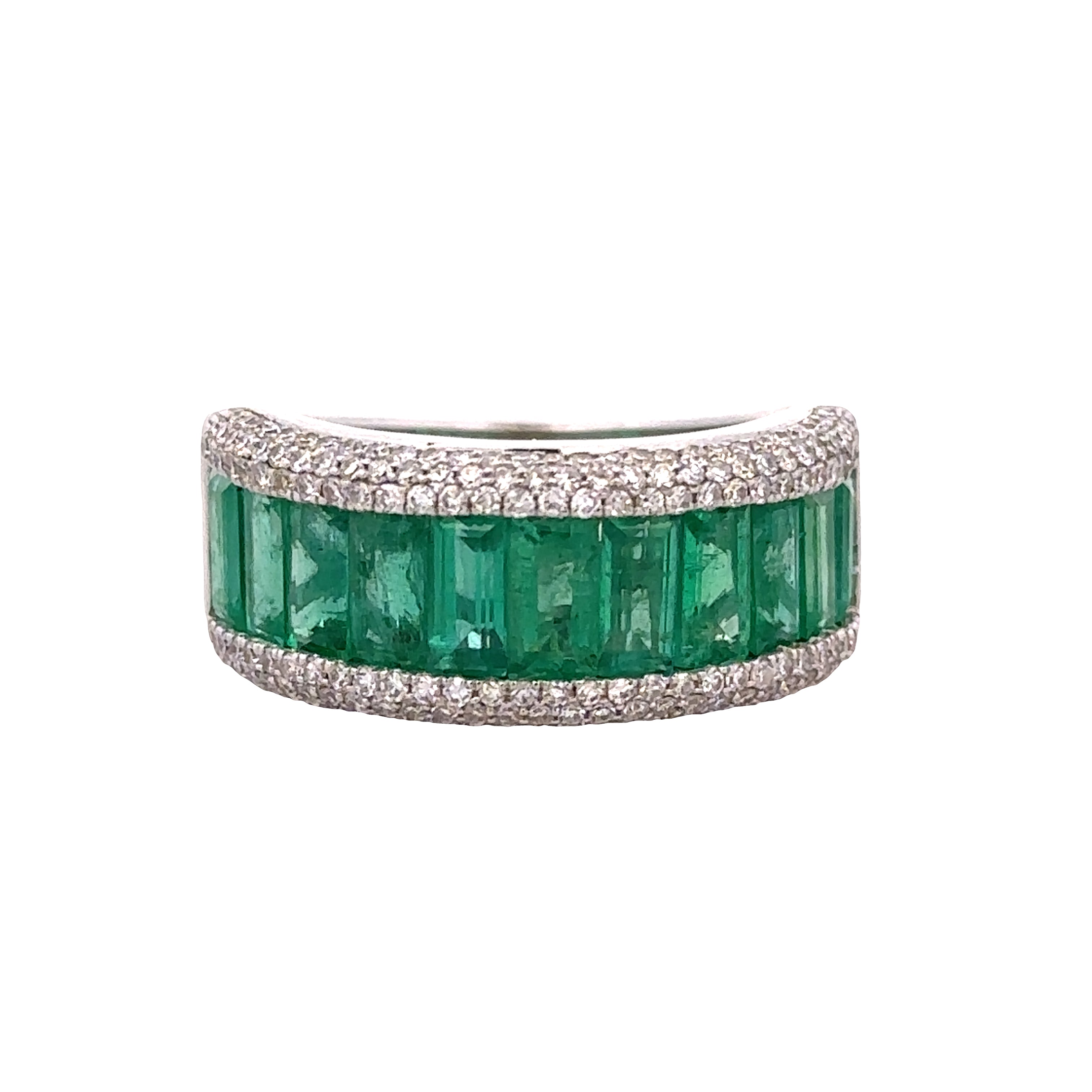 14k White Gold Emerald & Diamond Wide Band – Size 7
