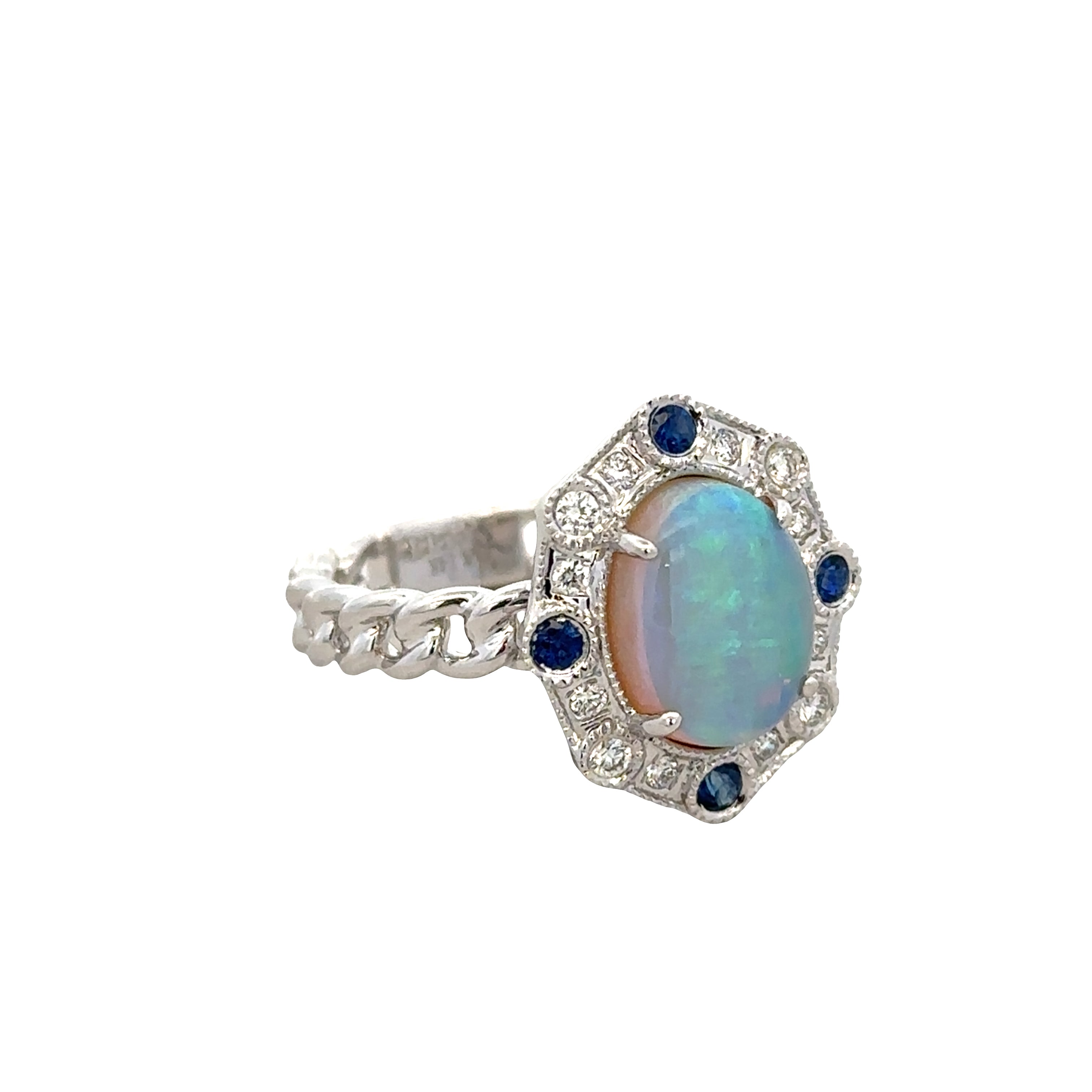 14k White Gold Opal, Sapphire & Diamond Halo Ring – Size 7.25