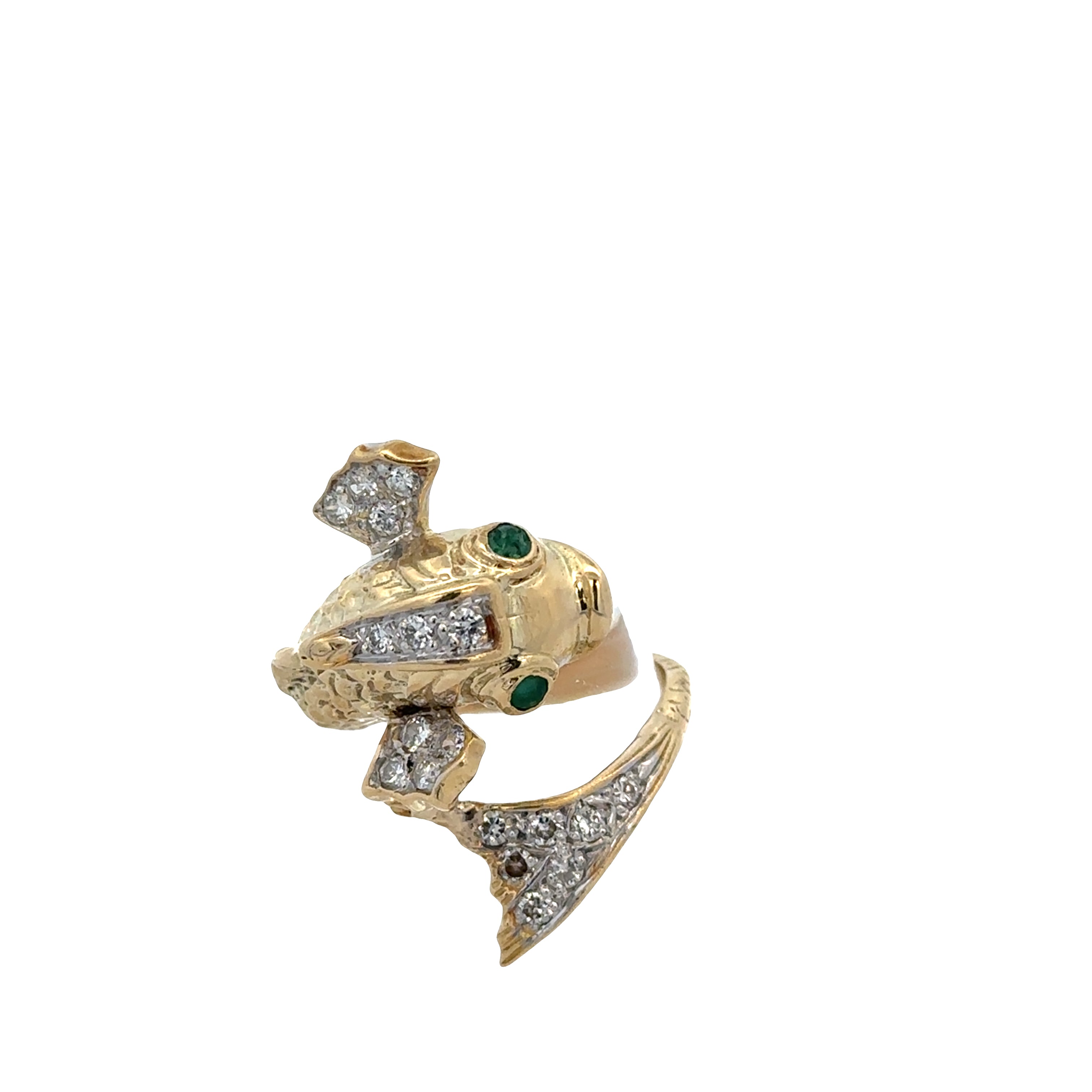 Vintage 14k Yellow Gold Diamond & Emerald Fish Bypass Ring – Size 7.5