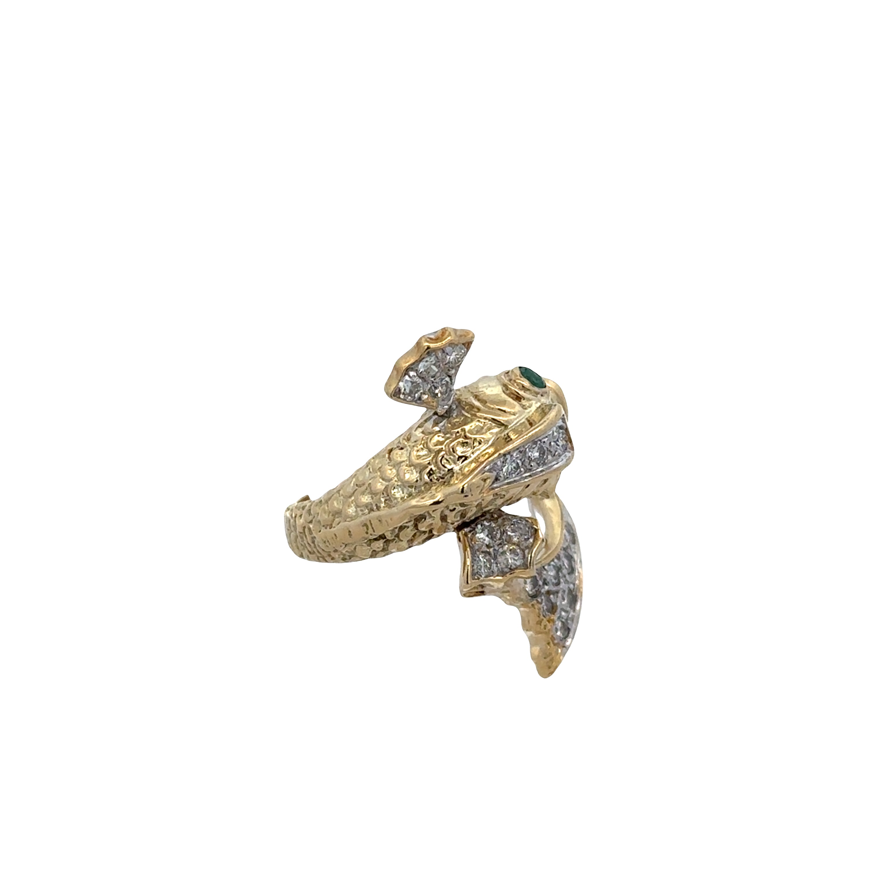 Vintage 14k Yellow Gold Diamond & Emerald Fish Bypass Ring – Size 7.5