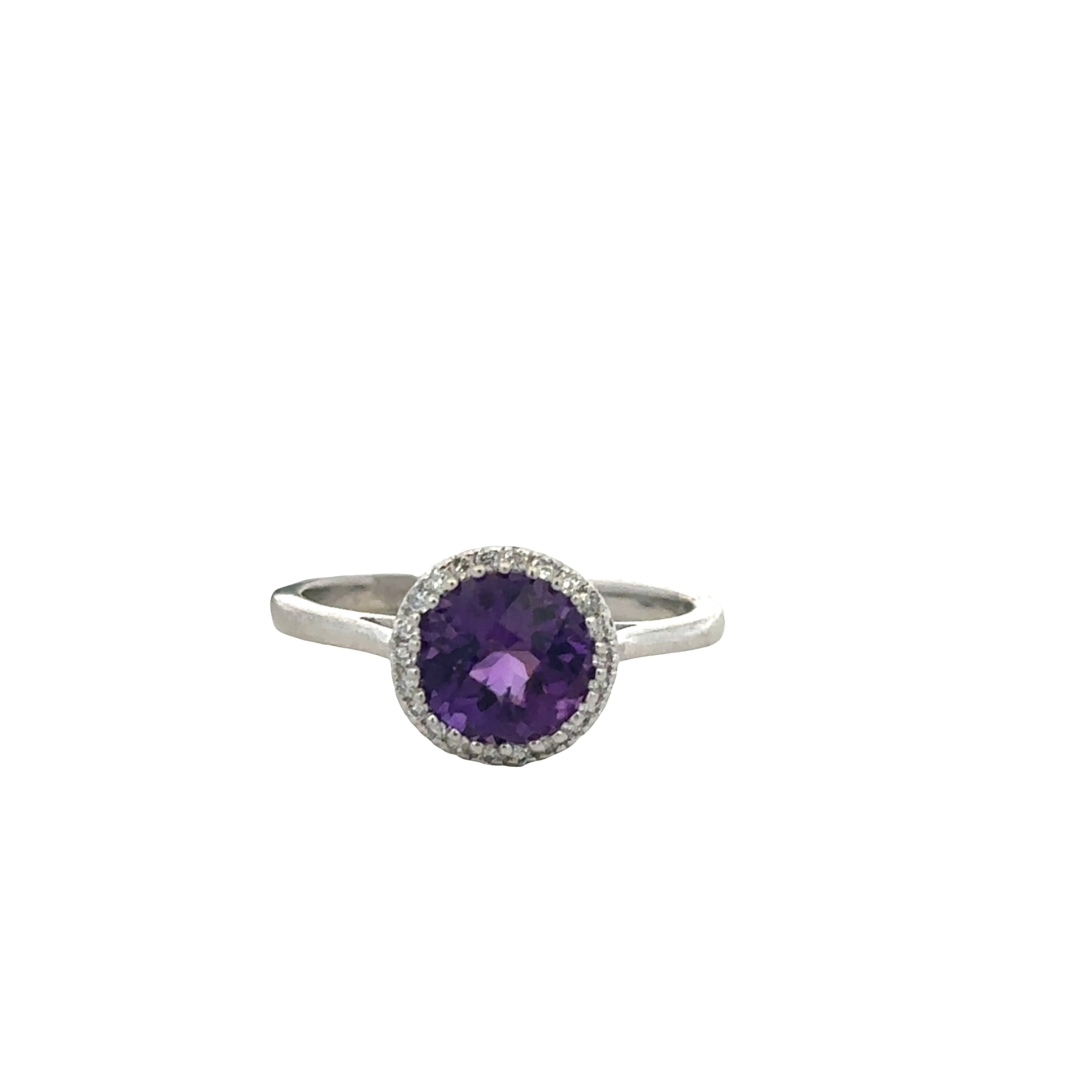 14k White Gold Amethyst & Diamond Halo Ring – Size 7