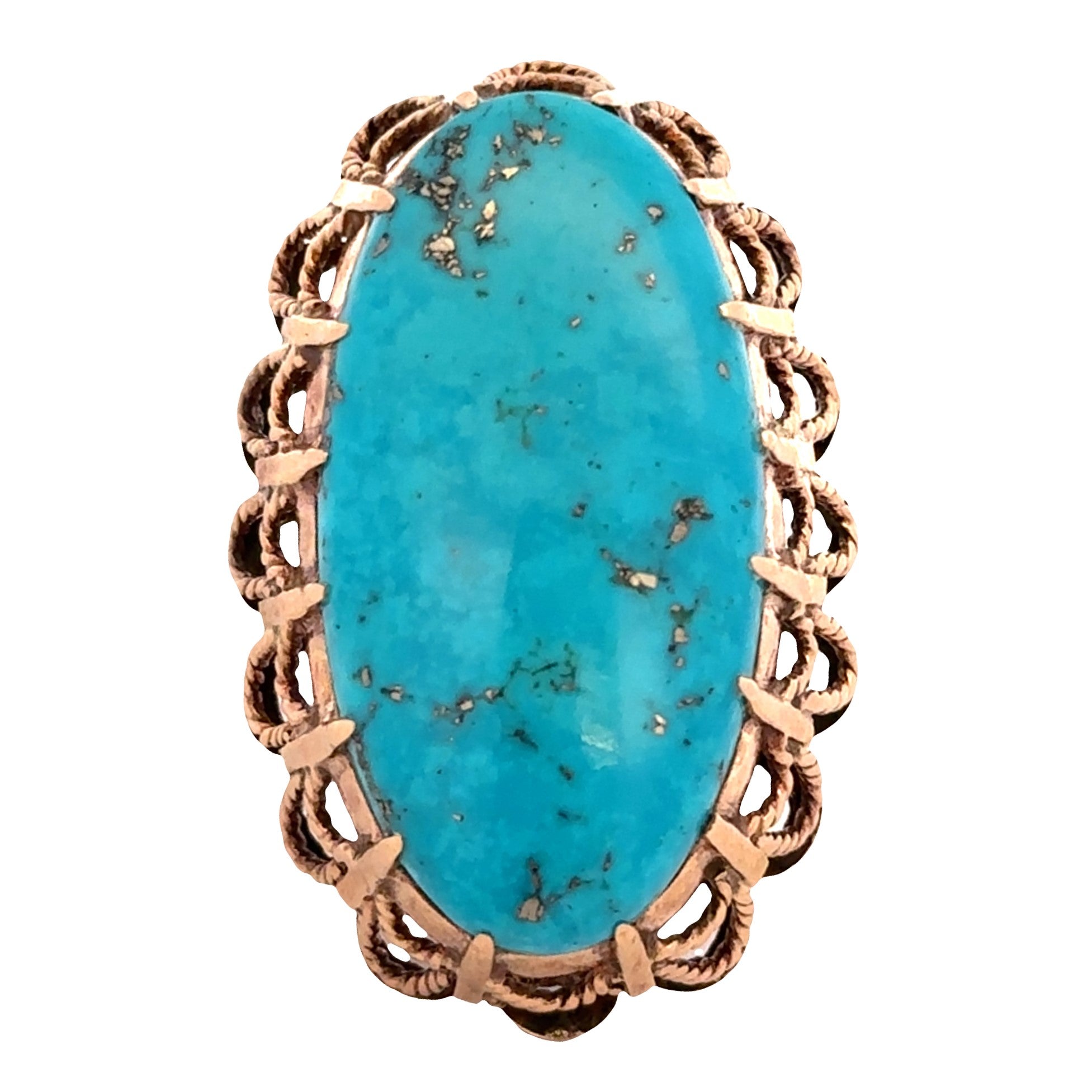 Statement Vintage 14k Yellow Gold Turquoise Mid-Century Ring – Size 7