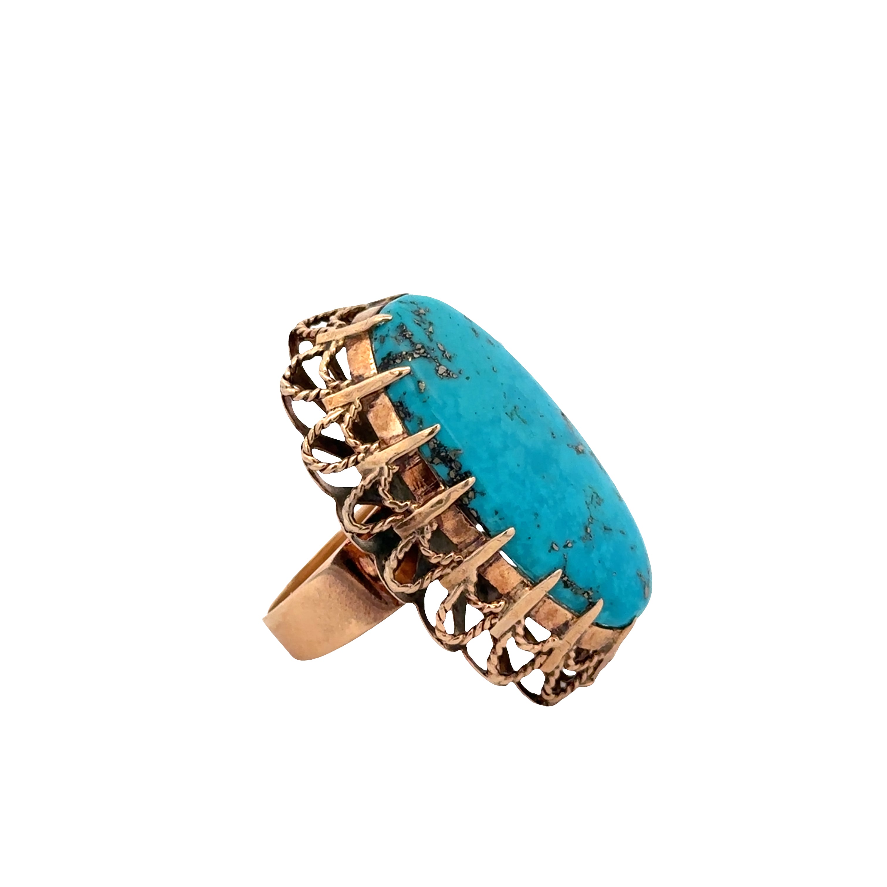 Statement Vintage 14k Yellow Gold Turquoise Mid-Century Ring – Size 7