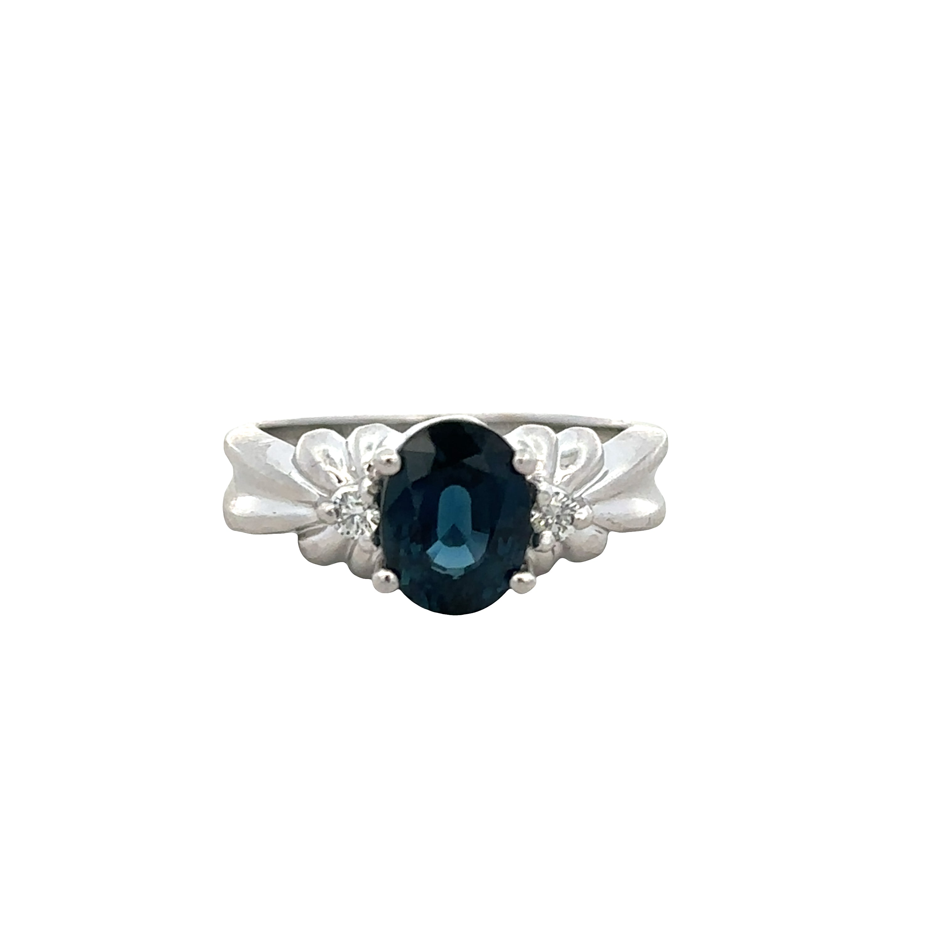 14k White Gold Oval Blue Sapphire & Diamond Ring – Size 4.75