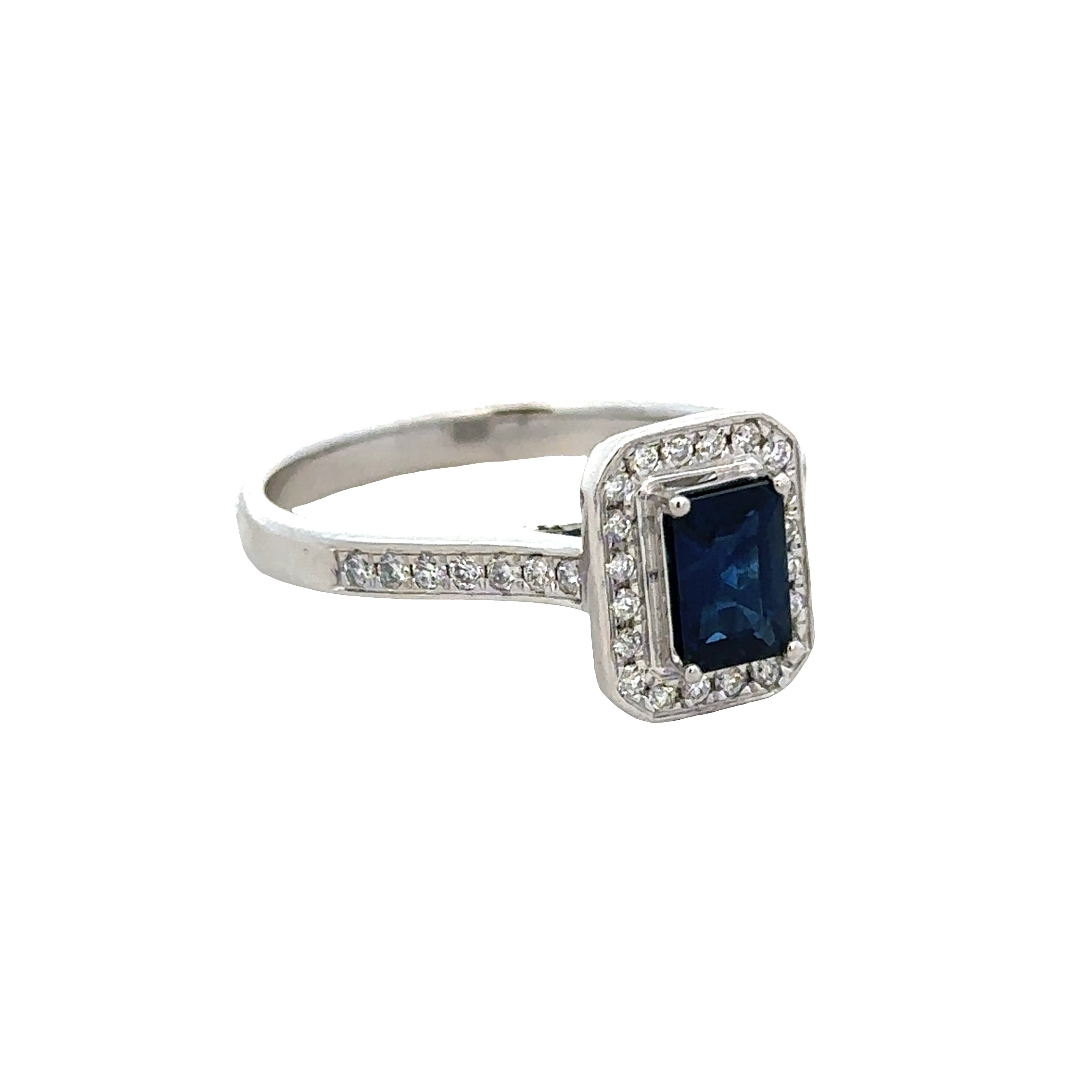 14k White Gold Emerald Cut Sapphire & Diamond Geometric Ring – Size 7