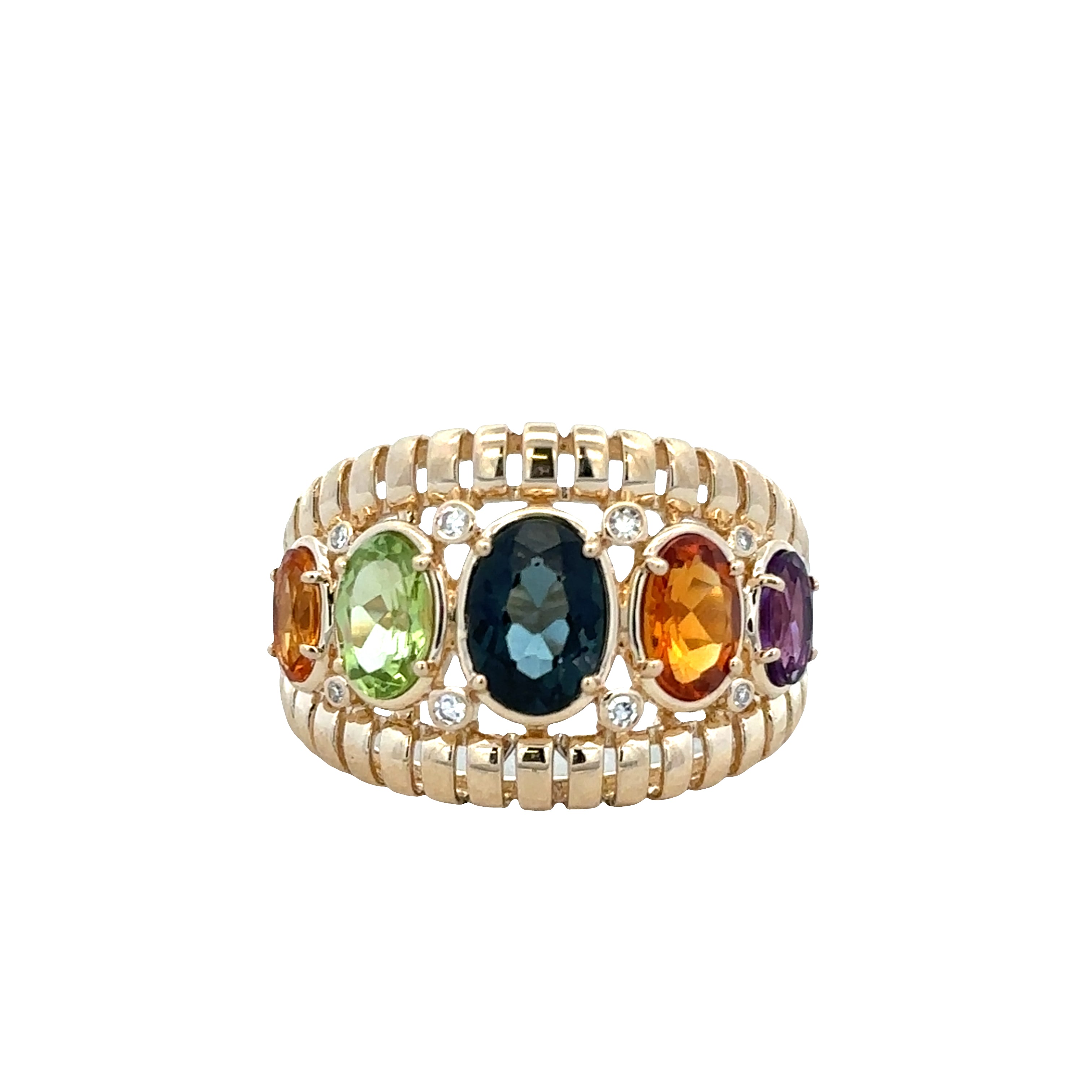 14k Yellow Gold Multicolor Gemstone & Diamond Band Ring – Size 7.25