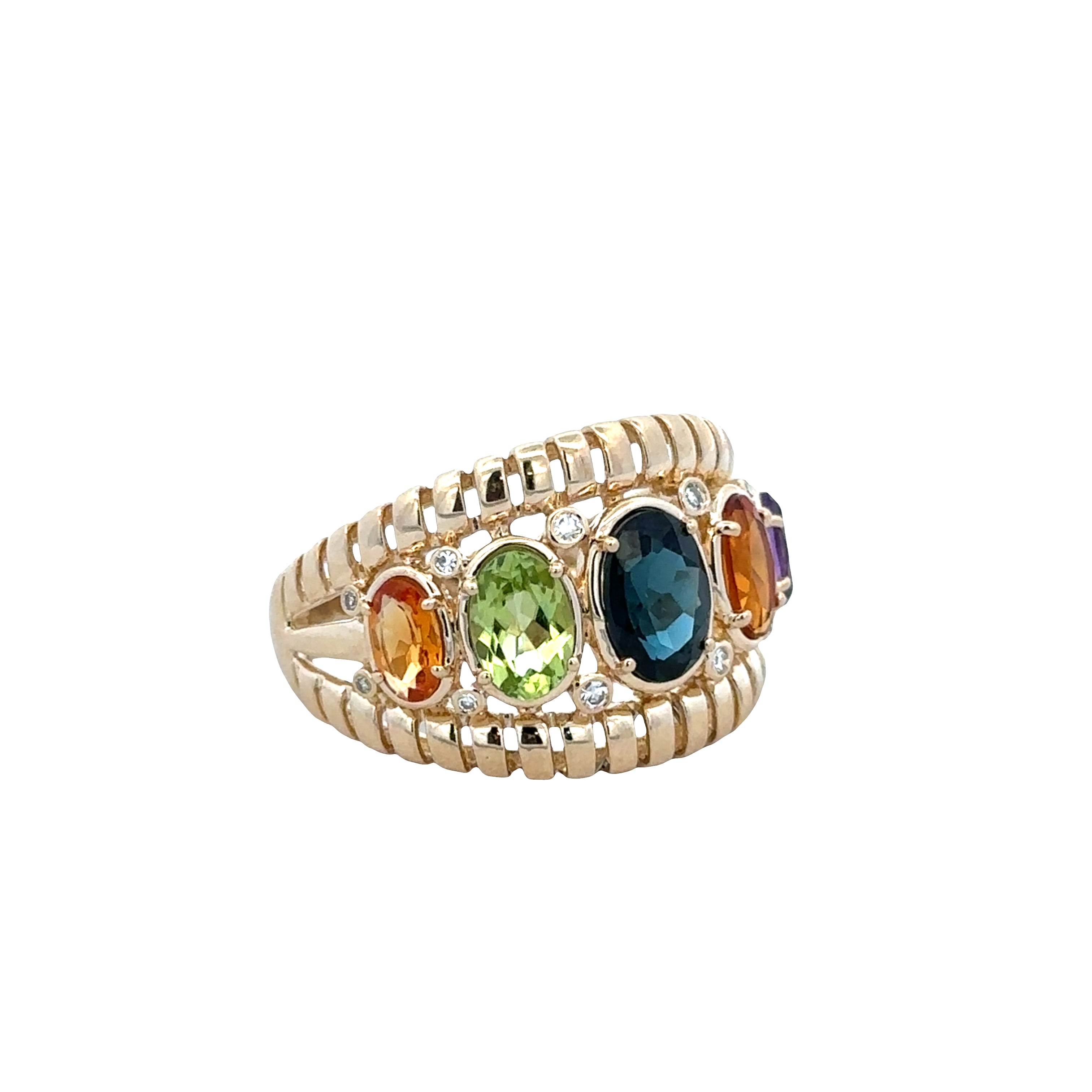 14k Yellow Gold Multicolor Gemstone & Diamond Band Ring – Size 7.25