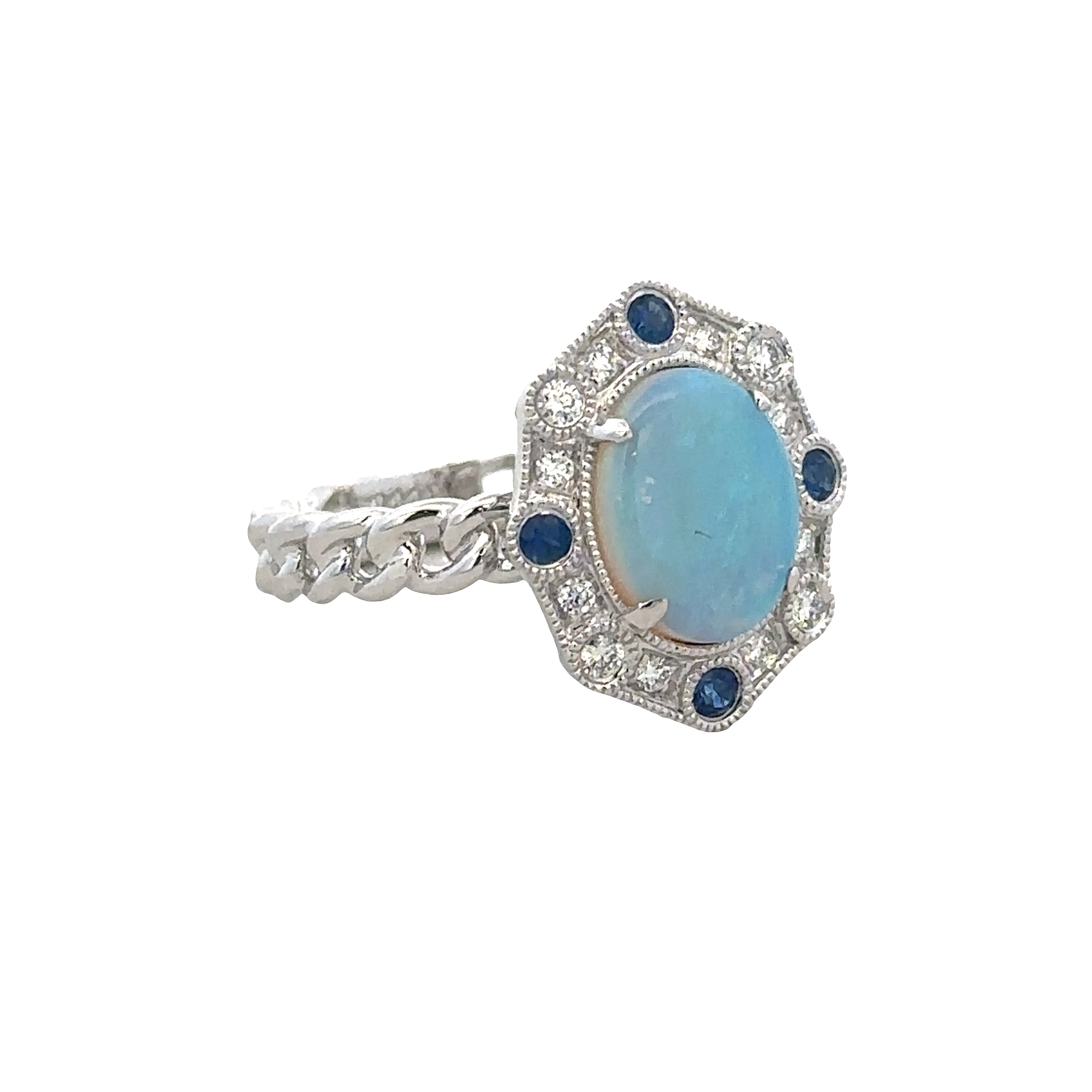 14k White Gold Sapphire & Diamond Geometric Halo Ring – Size 7.25