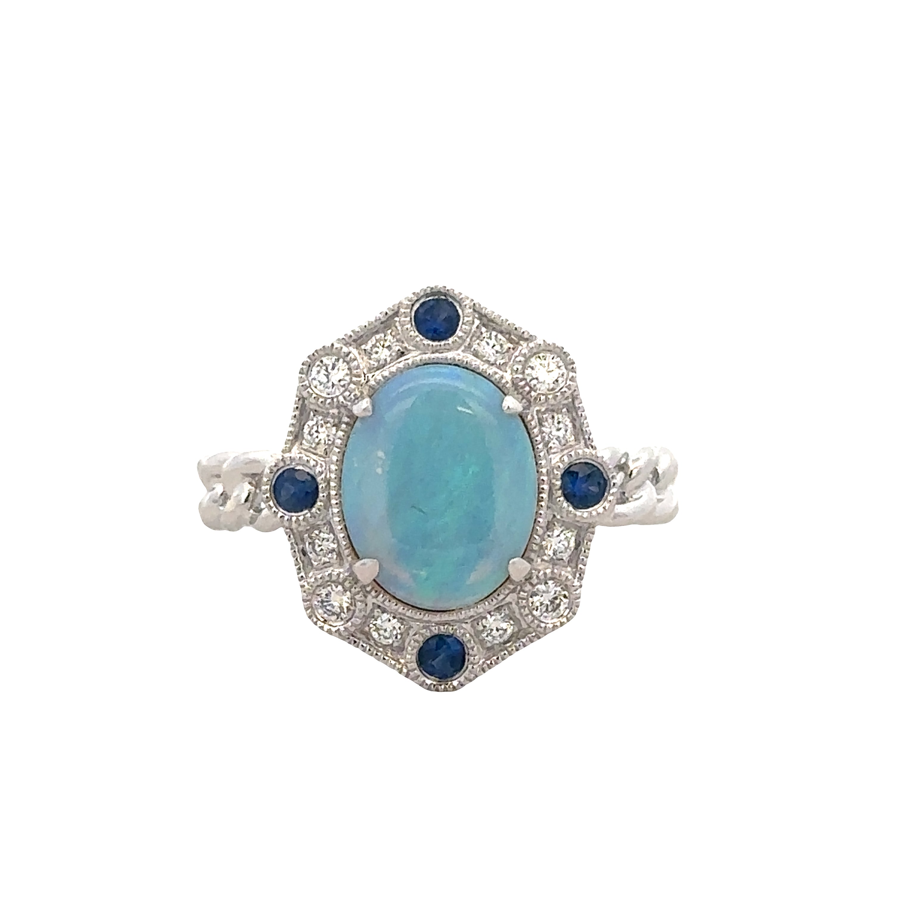 14k White Gold Sapphire & Diamond Geometric Halo Ring – Size 7.25