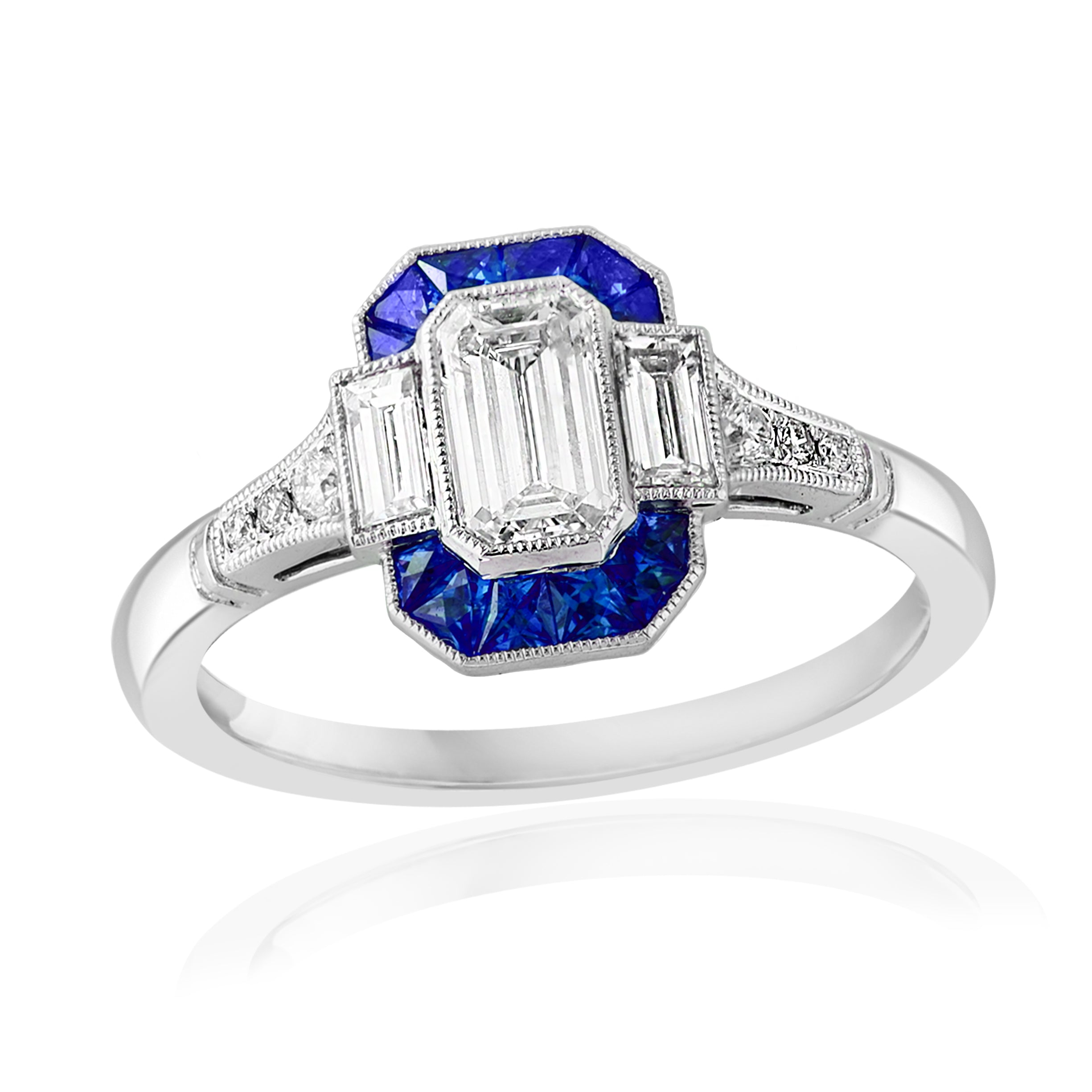 Platinum Art Deco Inspired Sapphire & Diamond Ring – Size 6.5