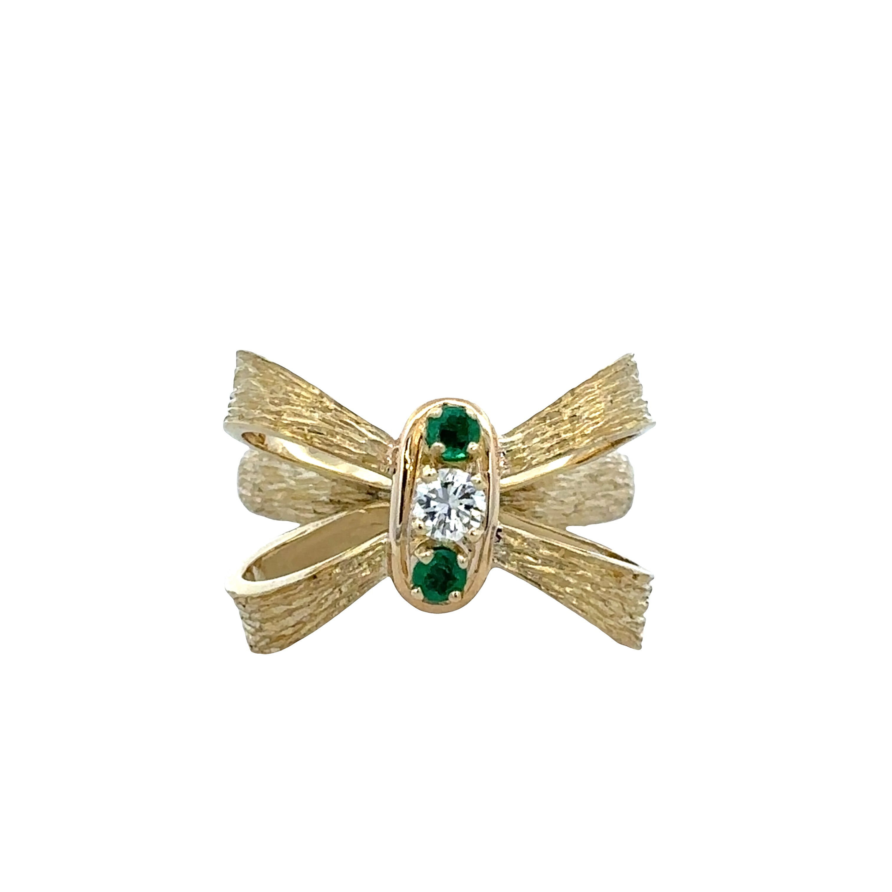 Vintage 18k Yellow Gold Emerald & Diamond Bow Ring – Size 6.25