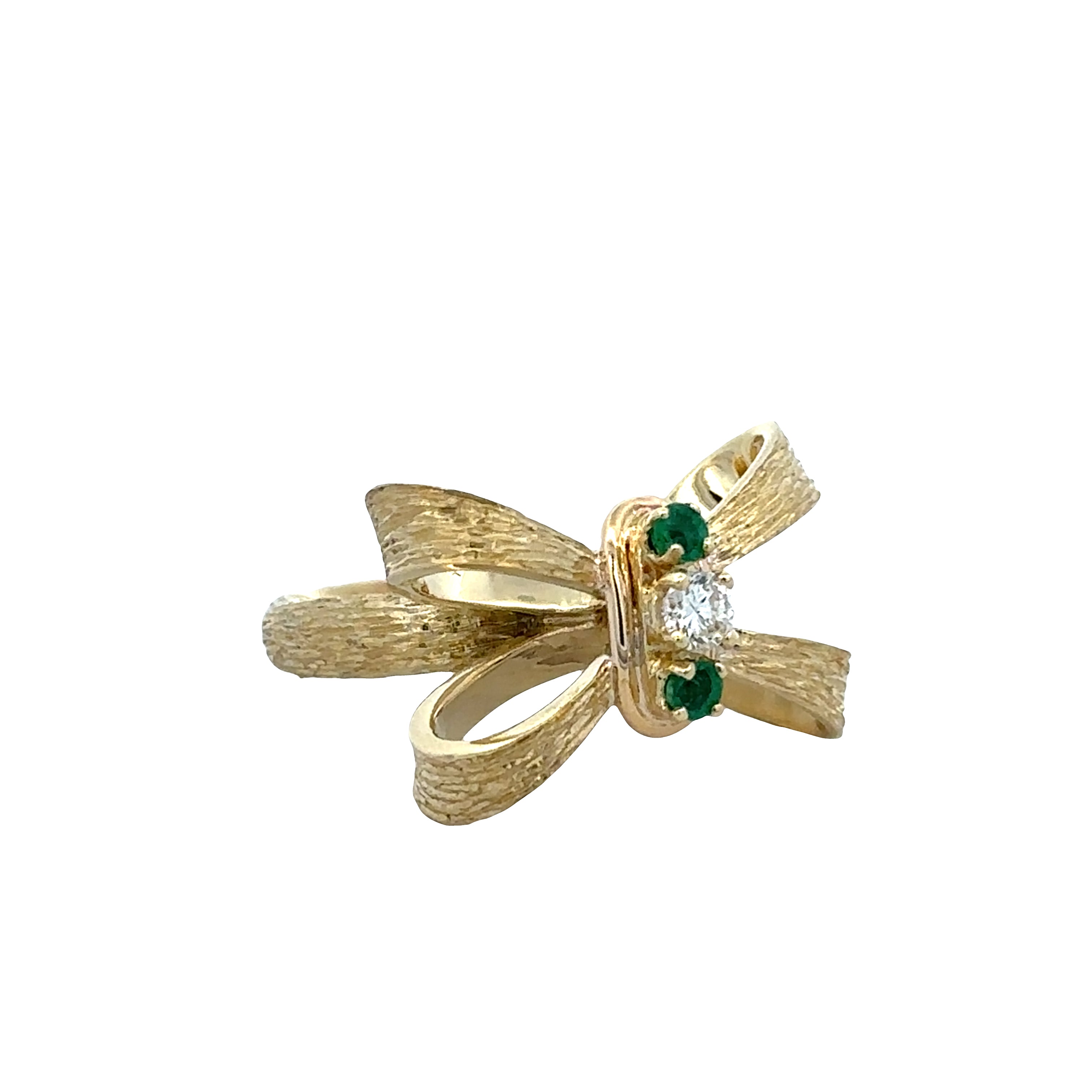 Vintage 18k Yellow Gold Emerald & Diamond Bow Ring – Size 6.25